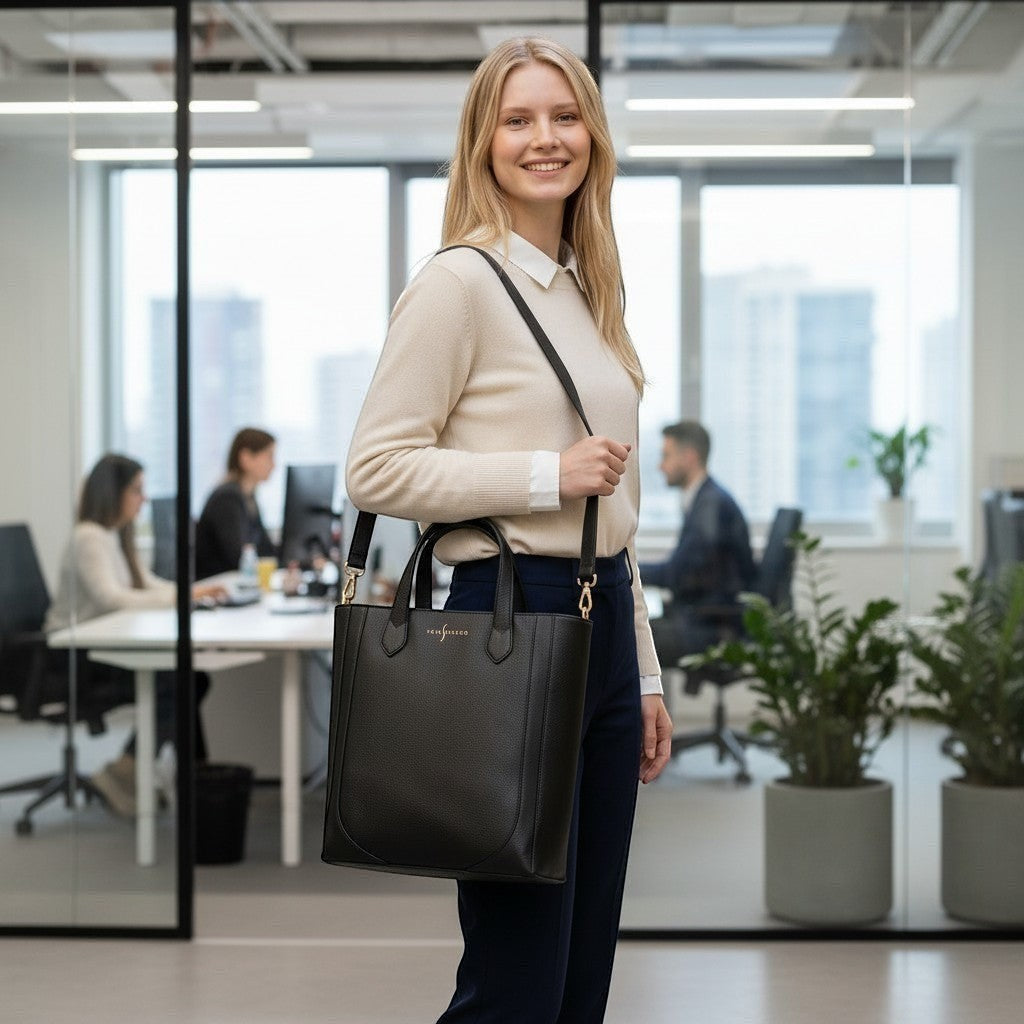 Luis Steven black pebble leather tall bucket tote with gold hardware, laptop sleeve, and removable shoulder strap.