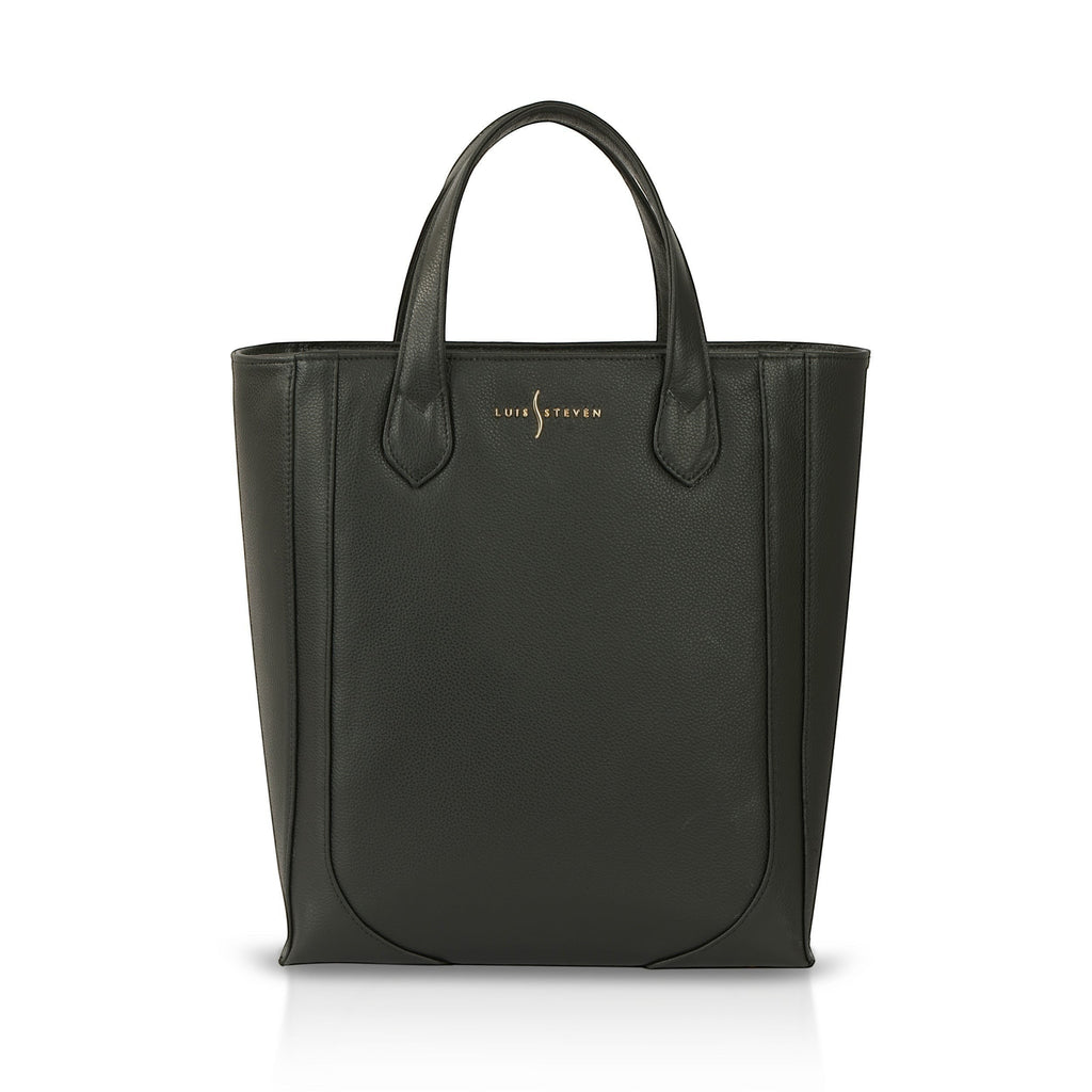 Luis Steven black pebble leather tall bucket tote with gold hardware and top zipper closure, ideal for work.