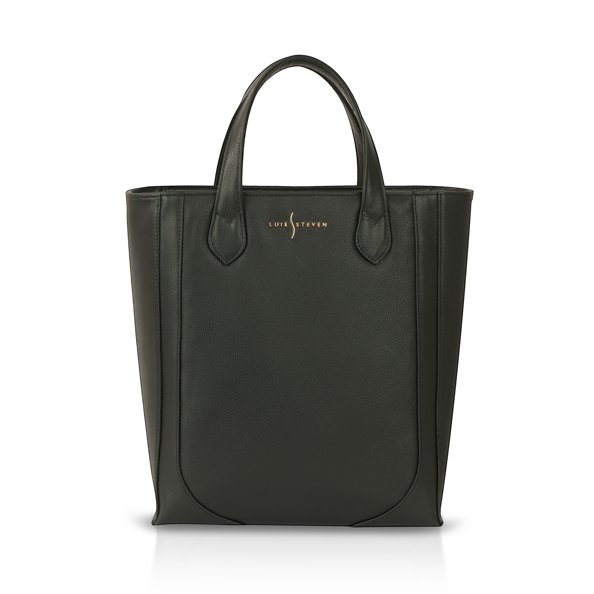 Luis Steven black pebble leather tall bucket tote with gold hardware and top zipper closure, ideal for work.