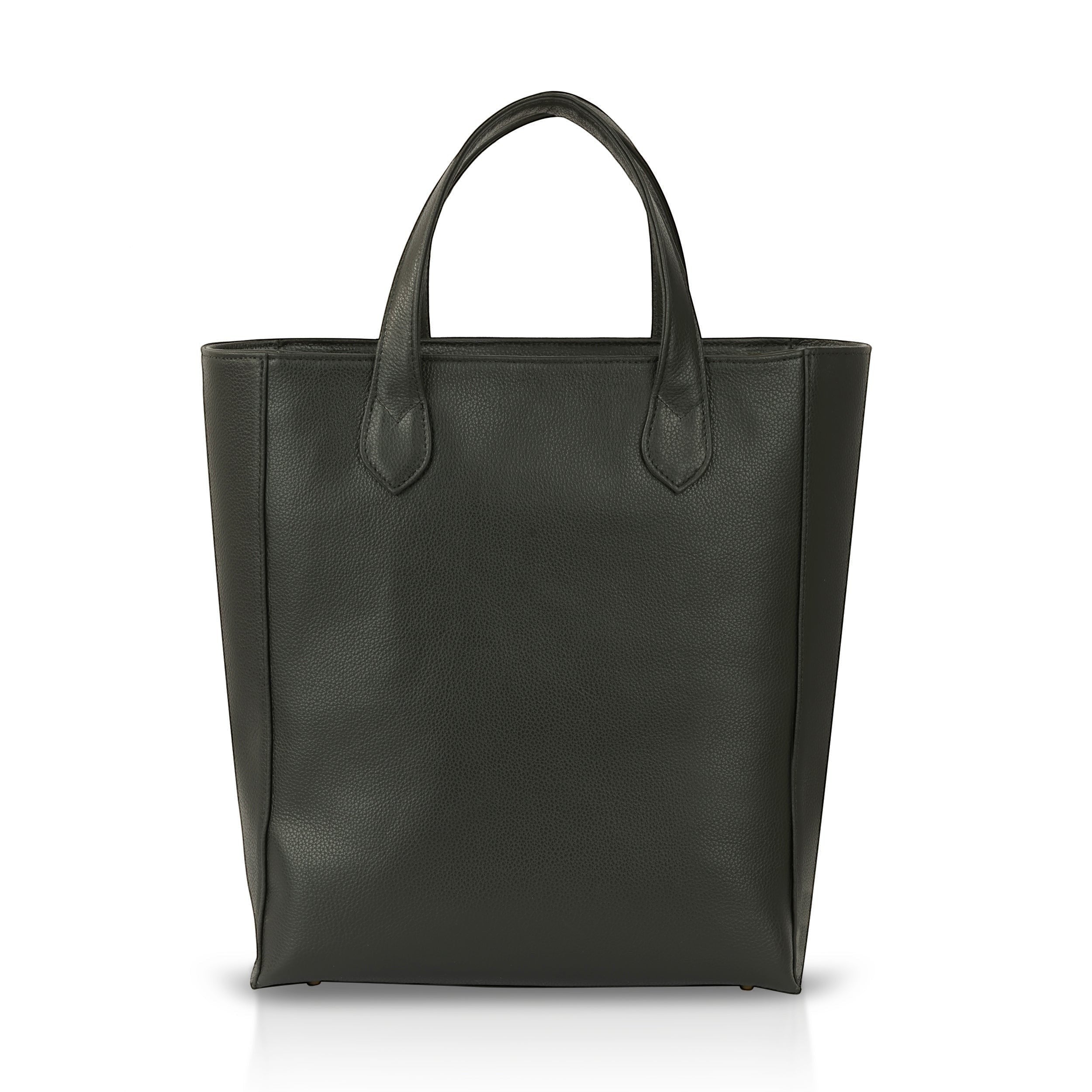 Luis Steven black pebble leather tall bucket tote with gold hardware and top zipper closure, ideal for work.