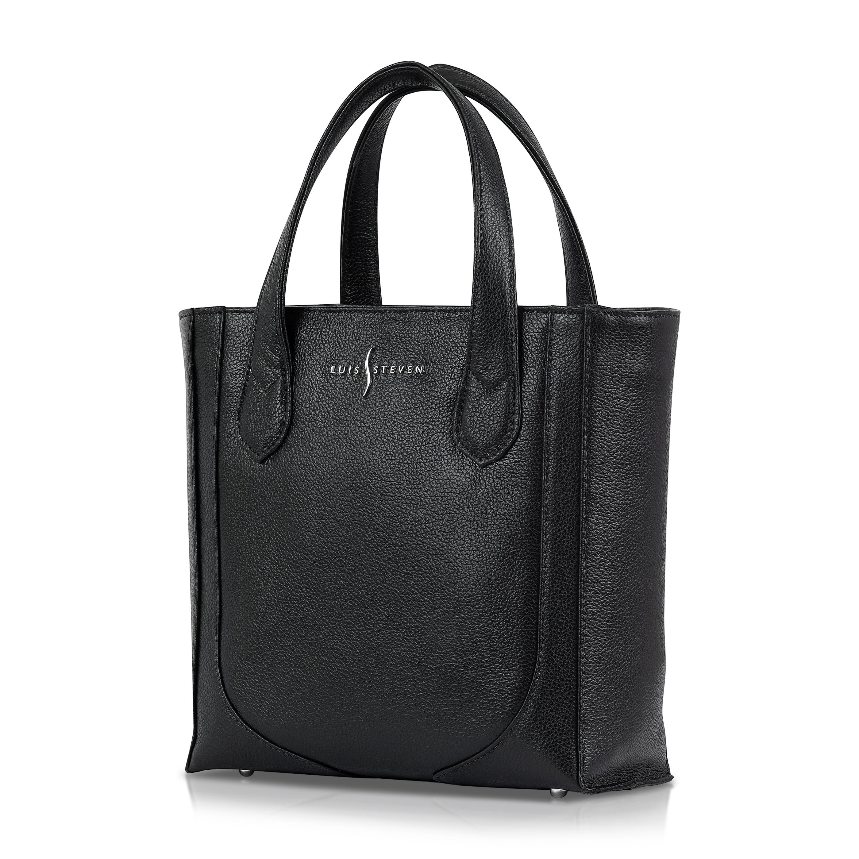 Luis Steven black pebble leather small bucket tote with top handles and silver hardware