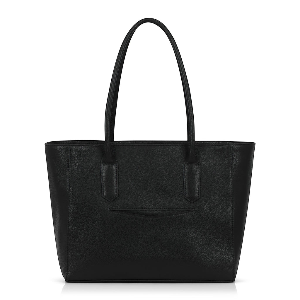 Luis Steven Medium Tote Pro 2.0 in black Italian pebble leather with a top zipper and structured professional design.