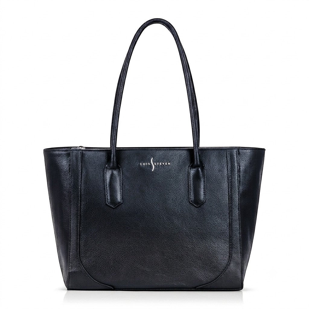 Luis Steven Medium Tote Pro 2.0 in black Italian pebble leather with top zipper closure and nickel hardware