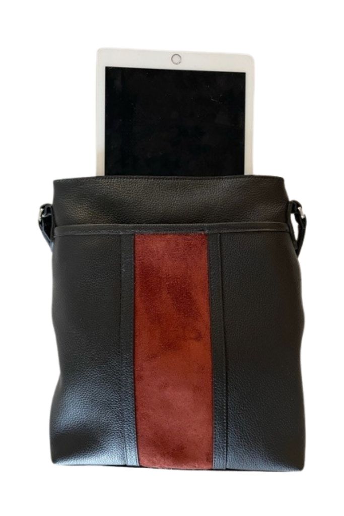 Luis Steven black pebble leather crossbody bag with a red suede front stripe and an interior tablet pocket