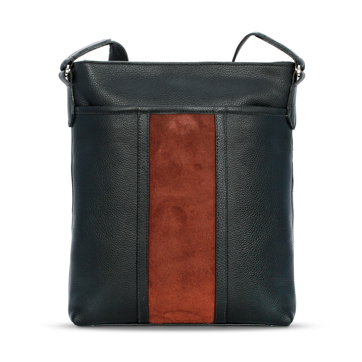 Luis Steven black pebble leather tablet crossbody bag with a red suede front stripe and nickel hardware.