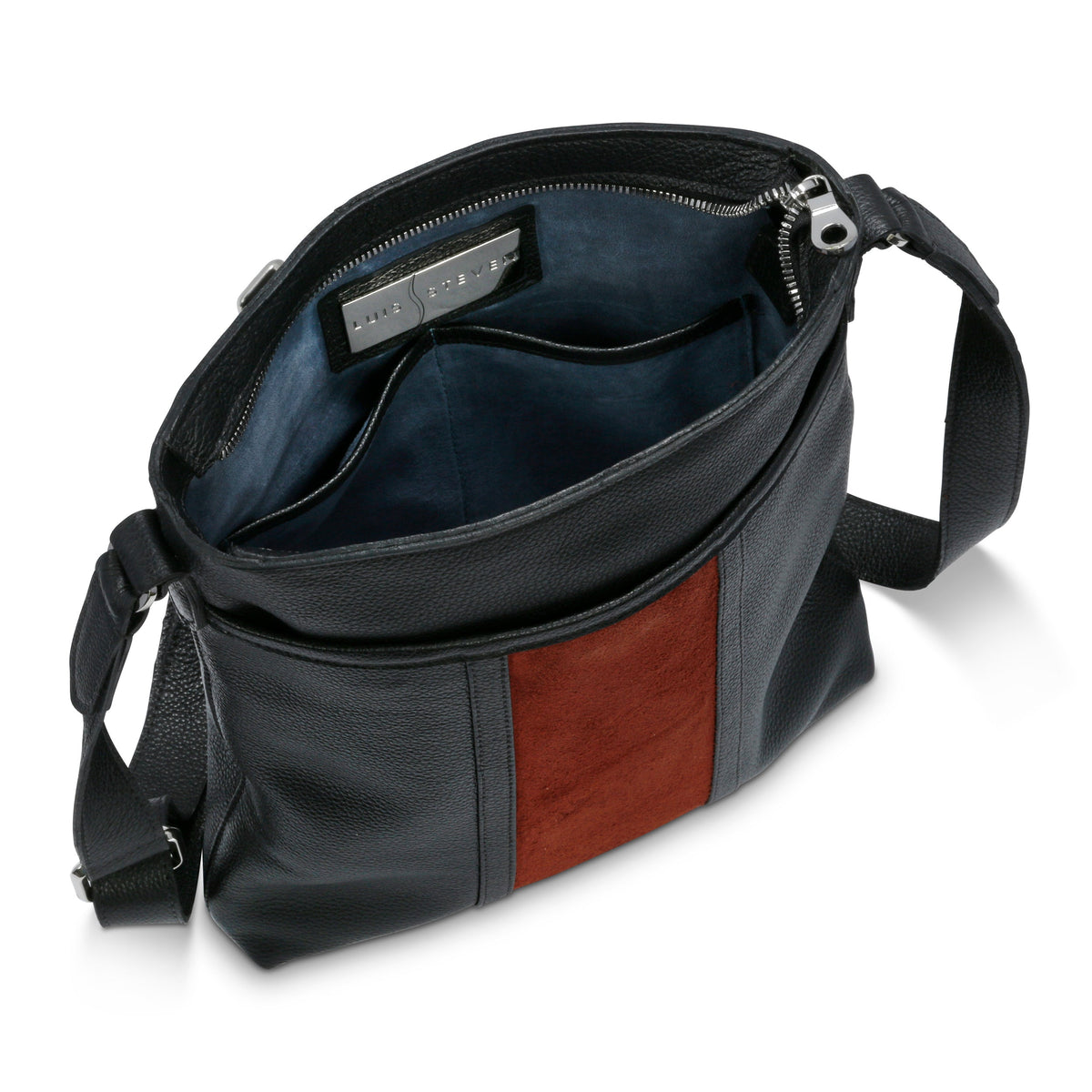 Luis Steven black pebble leather crossbody bag with a red suede front stripe and open interior with blue lining.