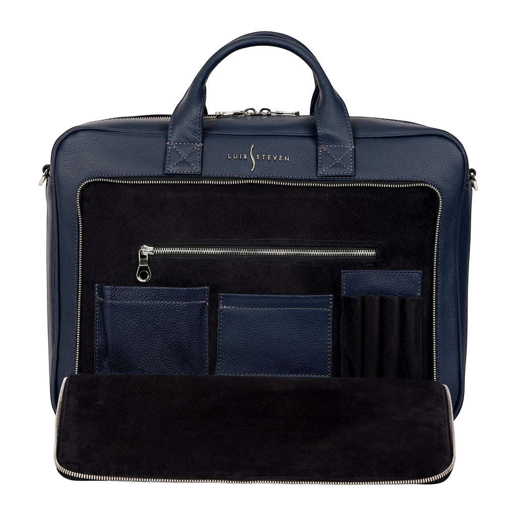 Luis Steven blue pebble leather briefcase with suede interior, top handle, and multiple organizer pockets. Fits up to 16" laptops.