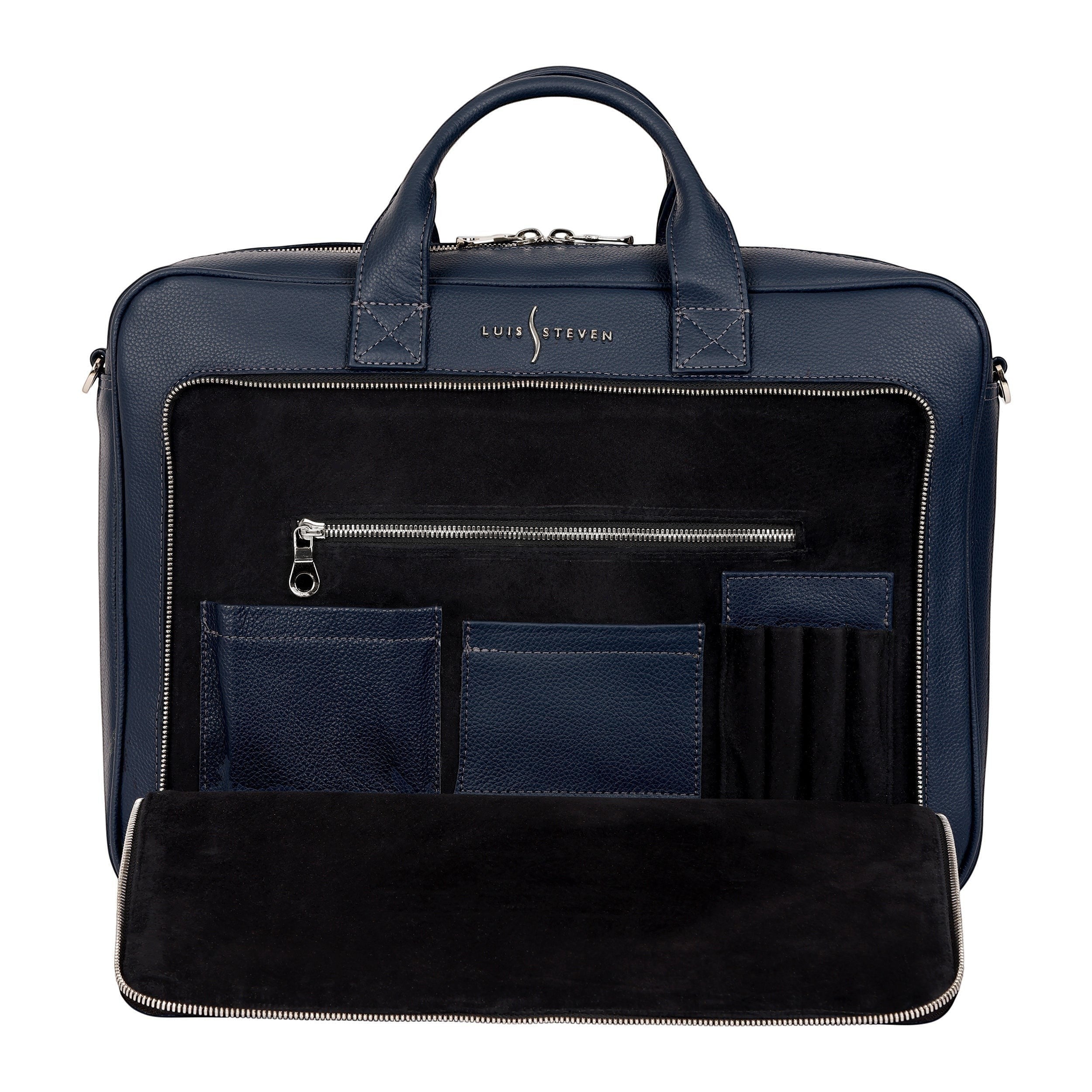 Luis Steven blue pebble leather briefcase with suede interior, top handle, and multiple organizer pockets. Fits up to 16" laptops.