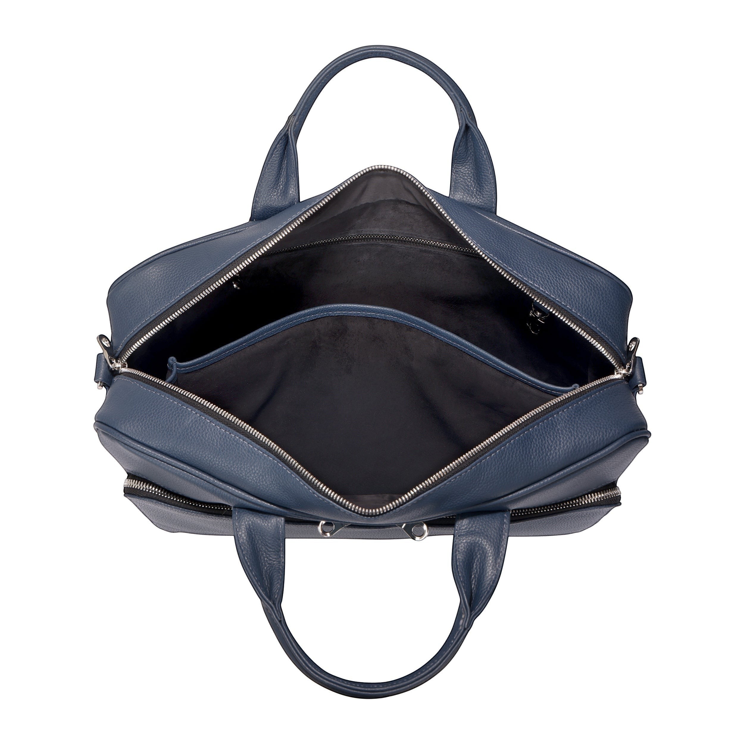 Luis Steven blue pebble leather briefcase with suede interior, top handles, and zippered compartments. Fits up to 16" laptops.