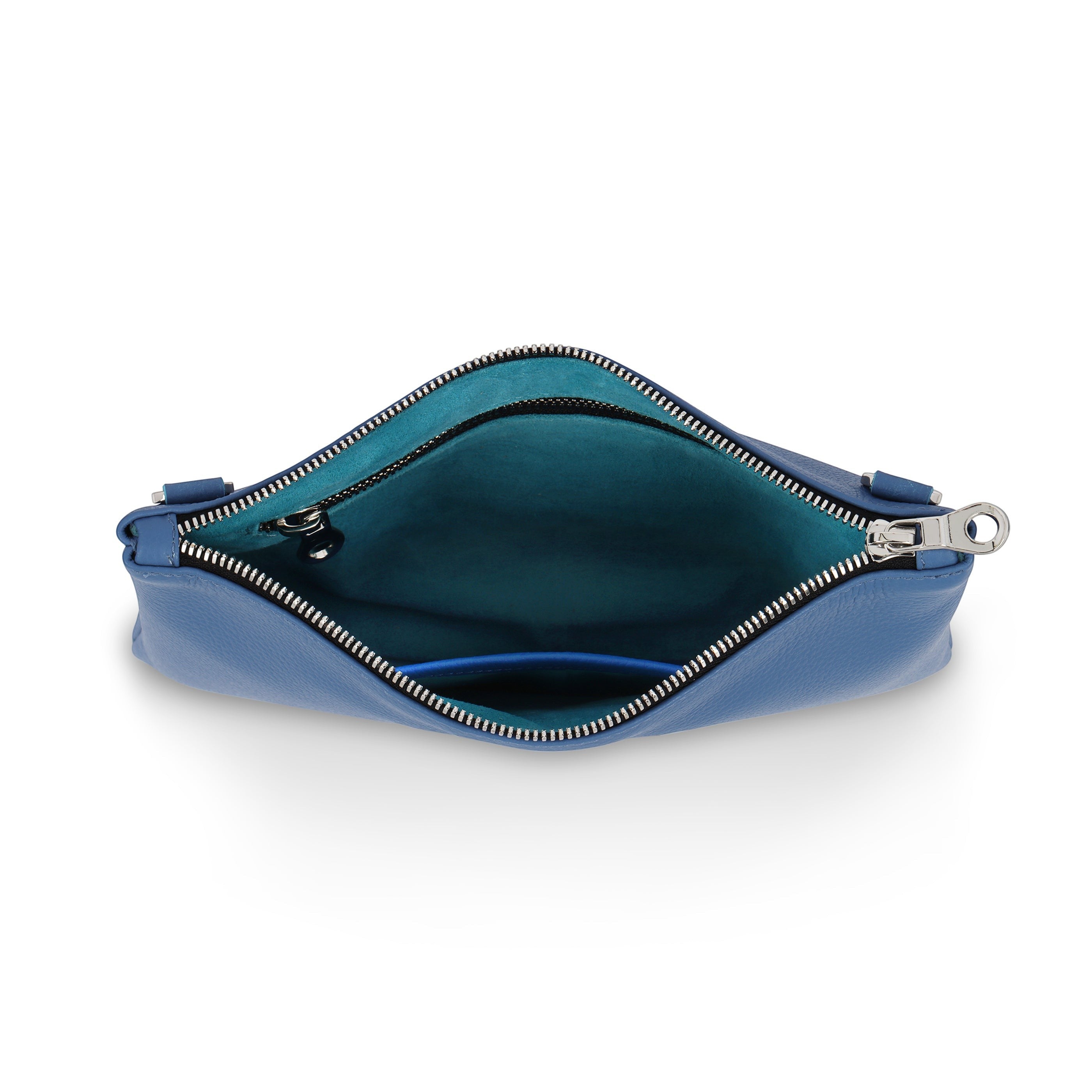 Luis Steven blue Italian pebble leather crossbody pouch interior with suede lining and zipper pocket