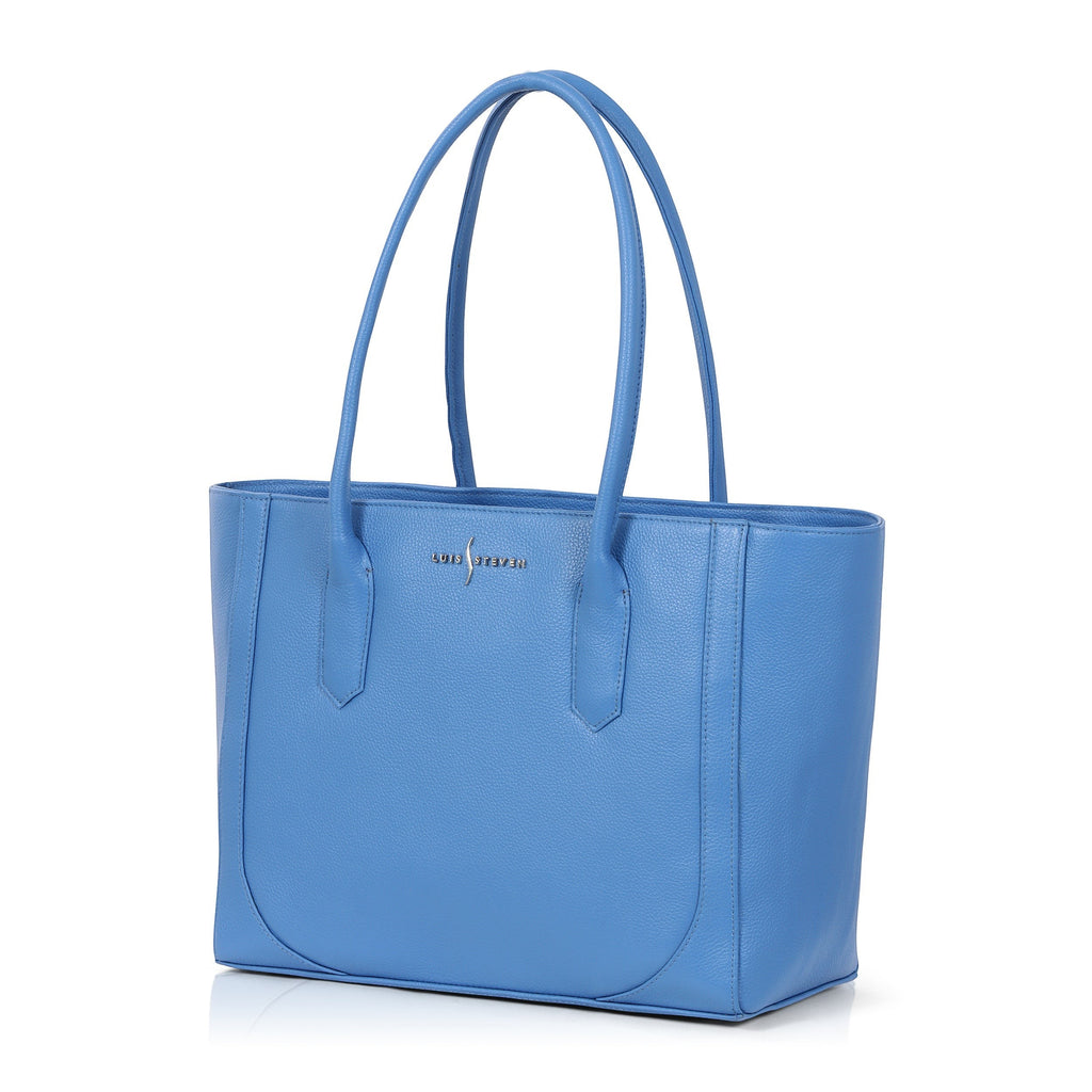 Luis Steven Large Tote Pro 2.0 in blue Italian pebble leather with nickel hardware and top zipper closure