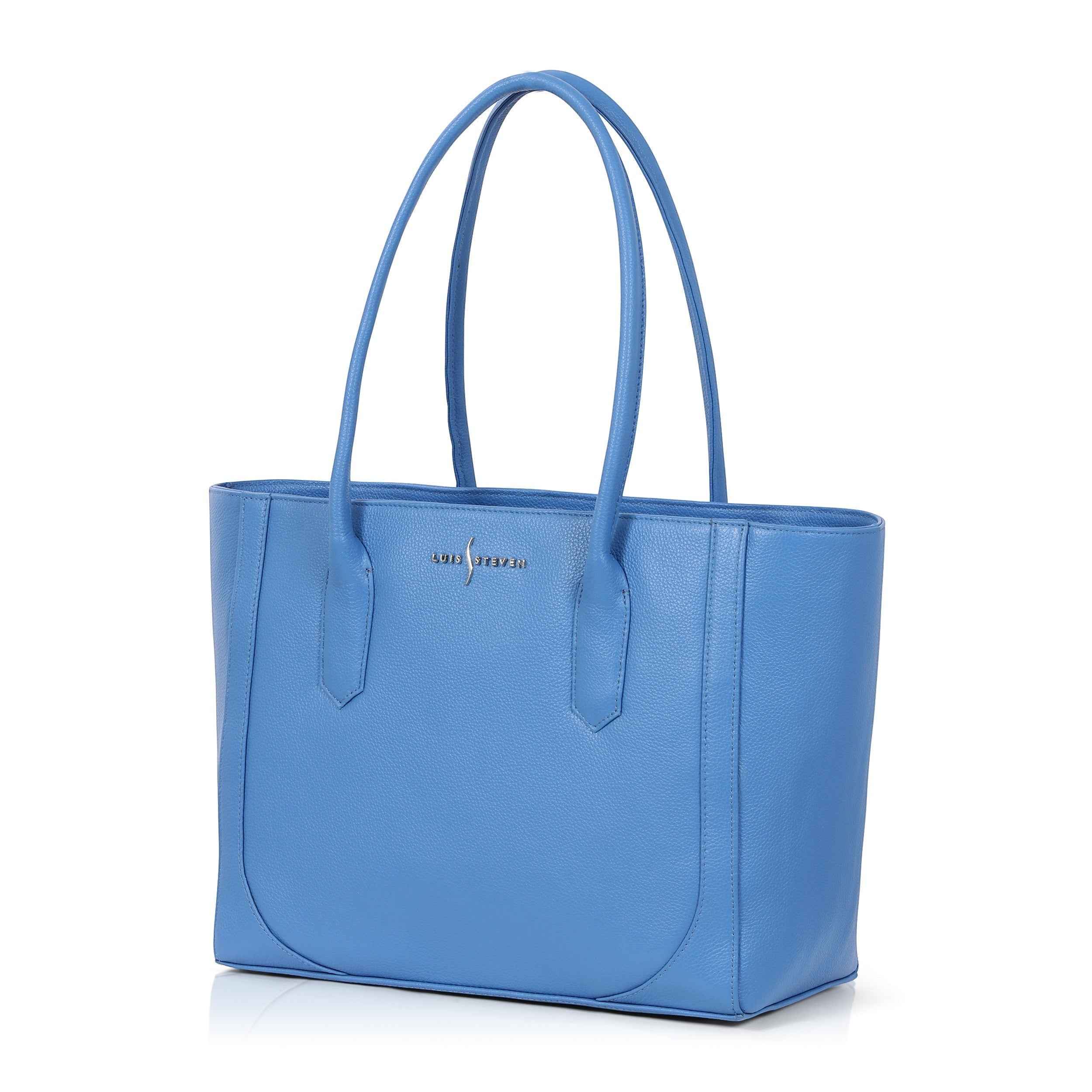 Luis Steven Large Tote Pro 2.0 in blue Italian pebble leather with nickel hardware and top zipper closure