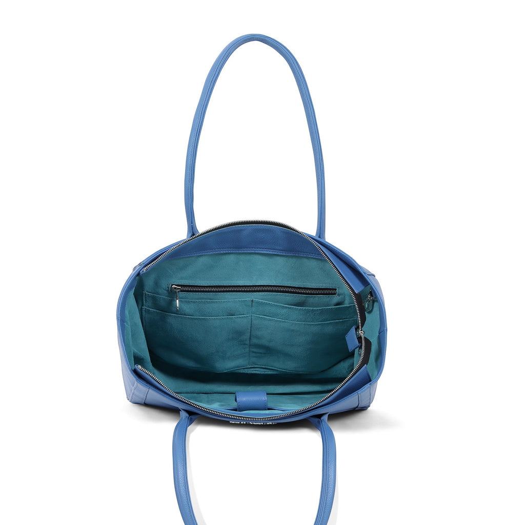 Luis Steven Large Tote Pro 2.0 blue Italian pebble leather work bag with open interior and organizational pockets