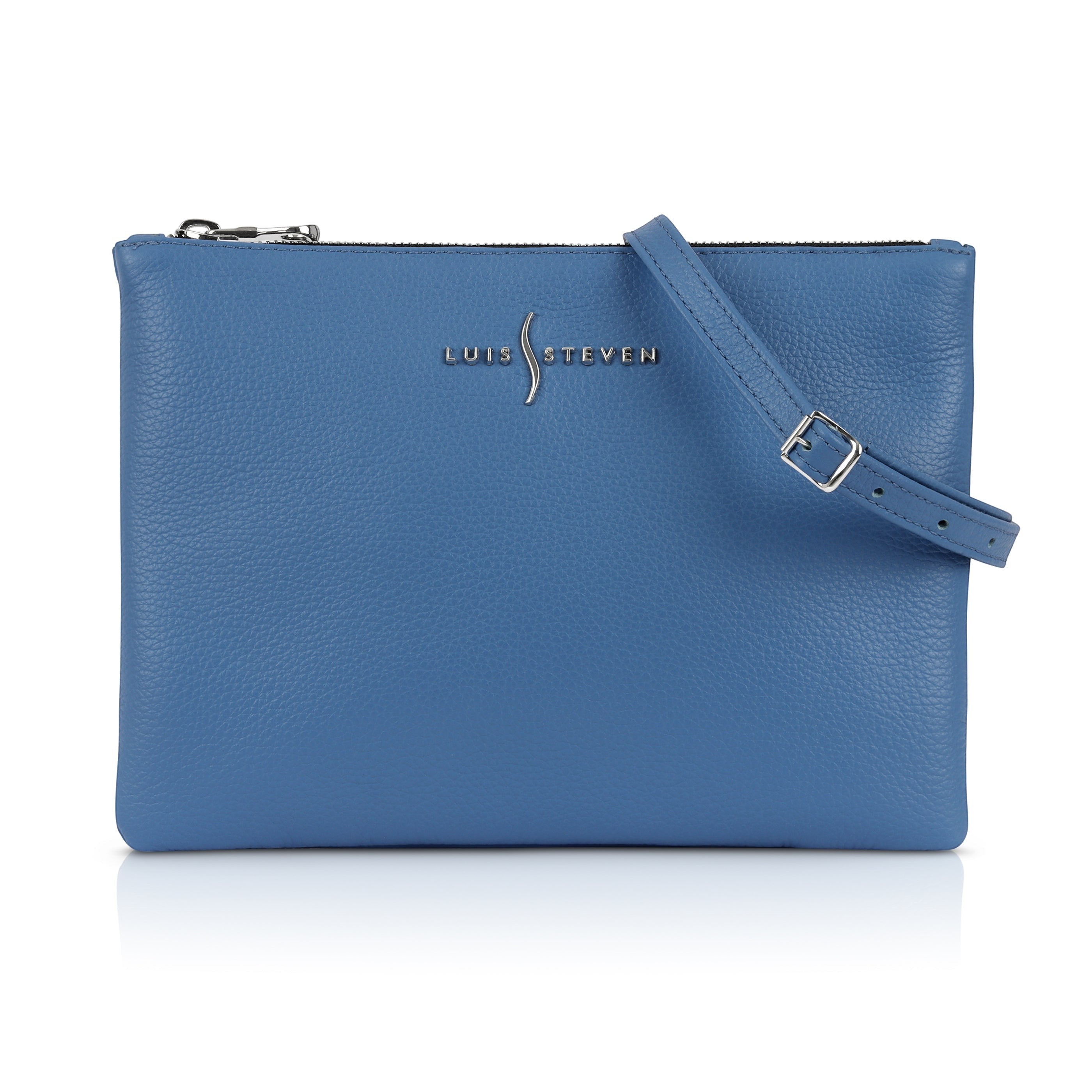 Luis Steven blue pebble leather crossbody pouch with silver hardware and adjustable strap