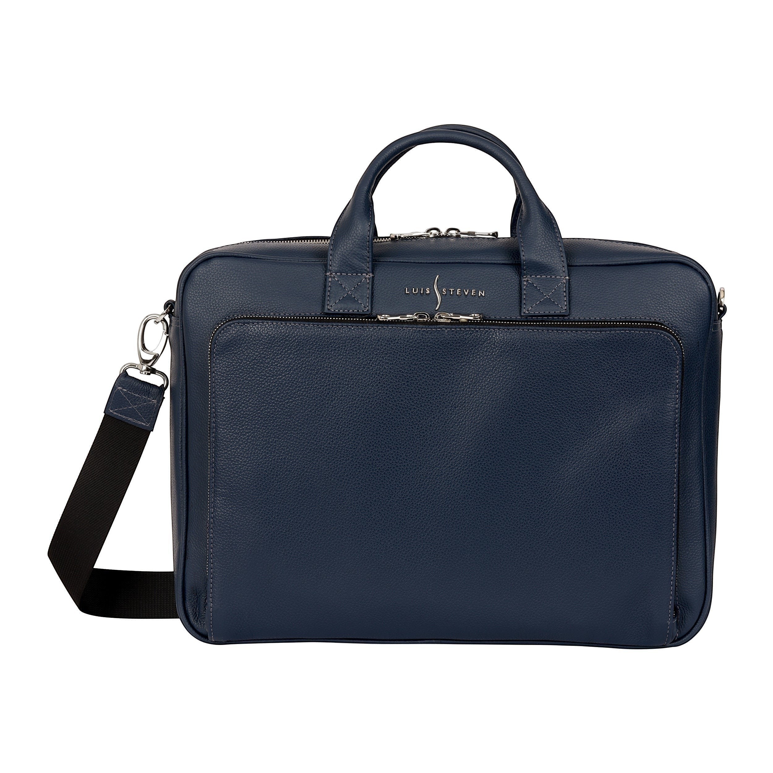 Luis Steven blue pebble leather briefcase with top handles, detachable strap, and front zip pocket. Fits up to 16" laptops.