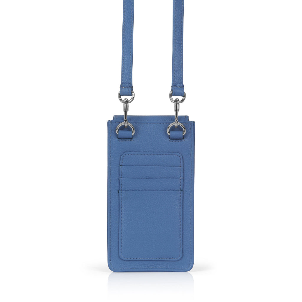 Luis Steven blue pebble leather smartphone pouch with flap closure, card slots, and detachable crossbody strap.