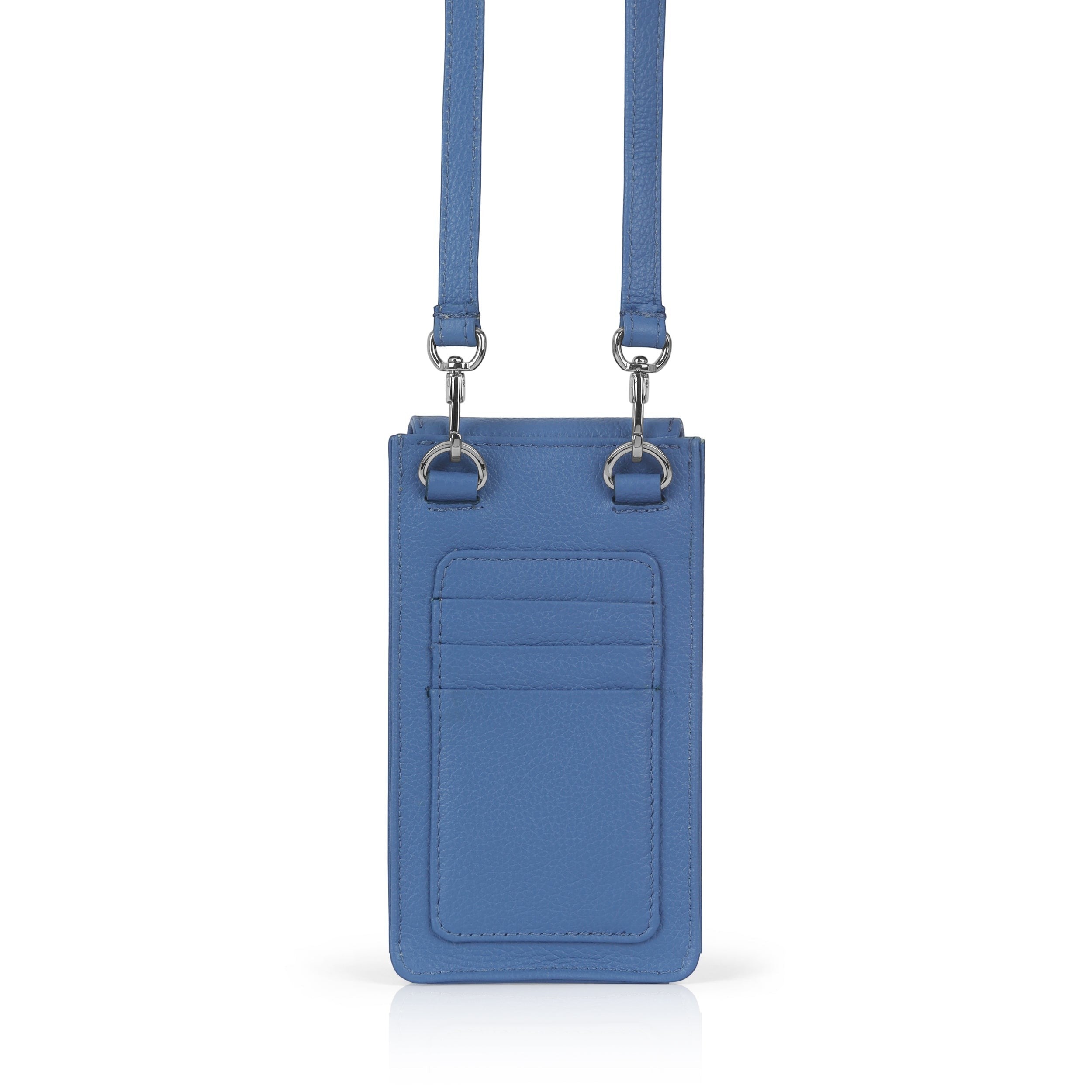 Luis Steven blue pebble leather smartphone pouch with flap closure, card slots, and detachable crossbody strap.