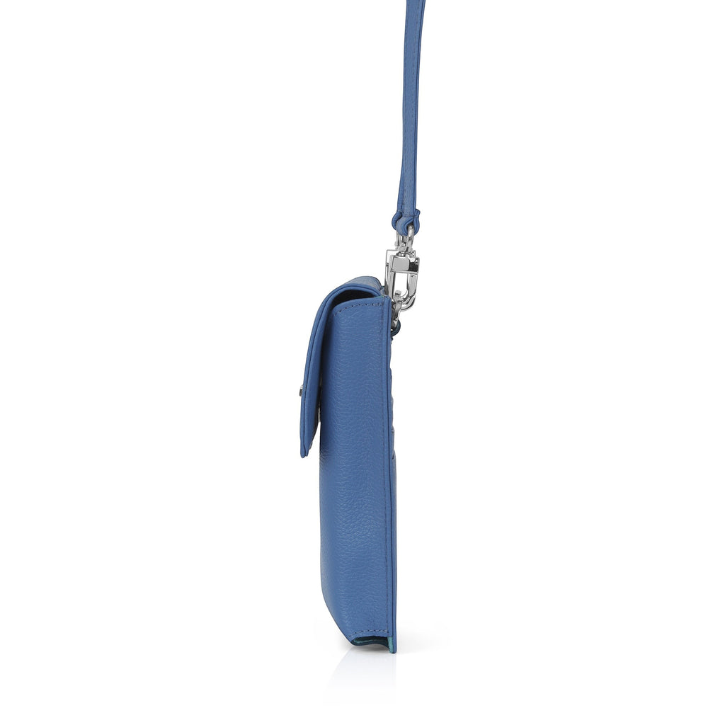Luis Steven blue pebble leather smartphone pouch with flap closure and detachable crossbody strap.