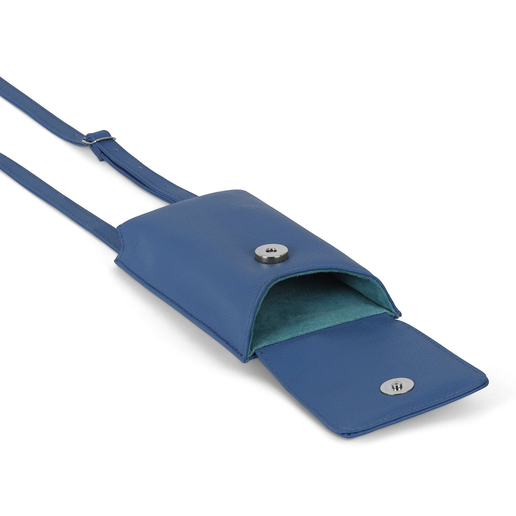 Luis Steven blue pebble leather smartphone pouch with flap closure, adjustable strap, and card slots. Made in Los Angeles.