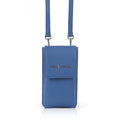 Luis Steven blue pebble leather smartphone pouch with flap closure, card slots, and detachable crossbody strap.