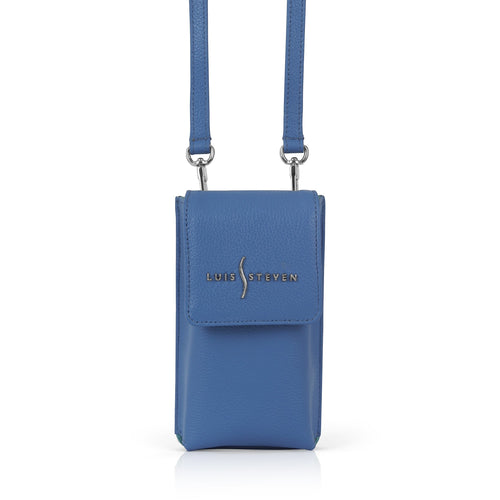 Luis Steven blue pebble leather smartphone pouch with flap closure, card slots, and detachable crossbody strap.
