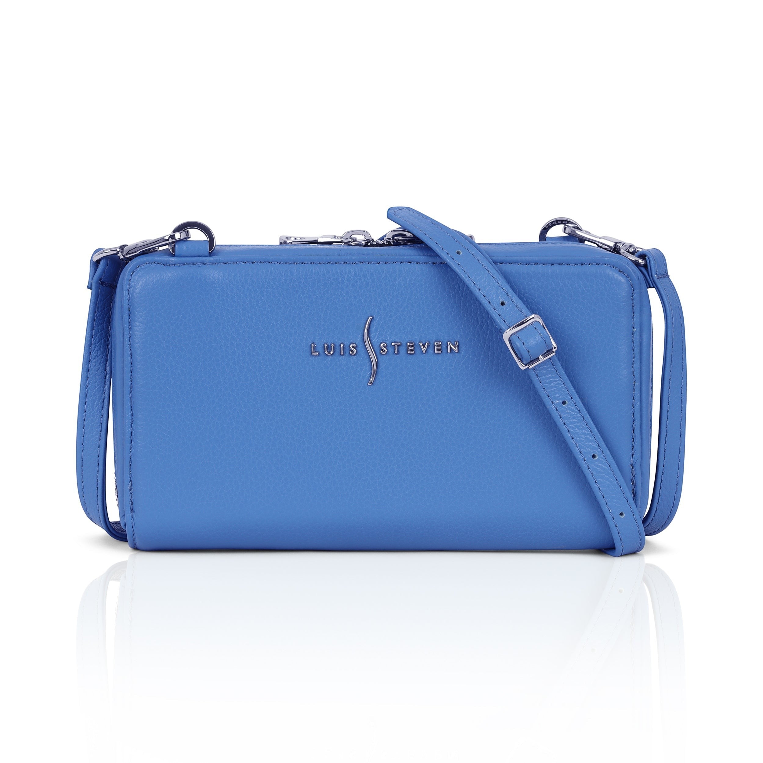 Luis Steven blue pebble leather continental smartphone wallet with an adjustable crossbody strap and zip closure.