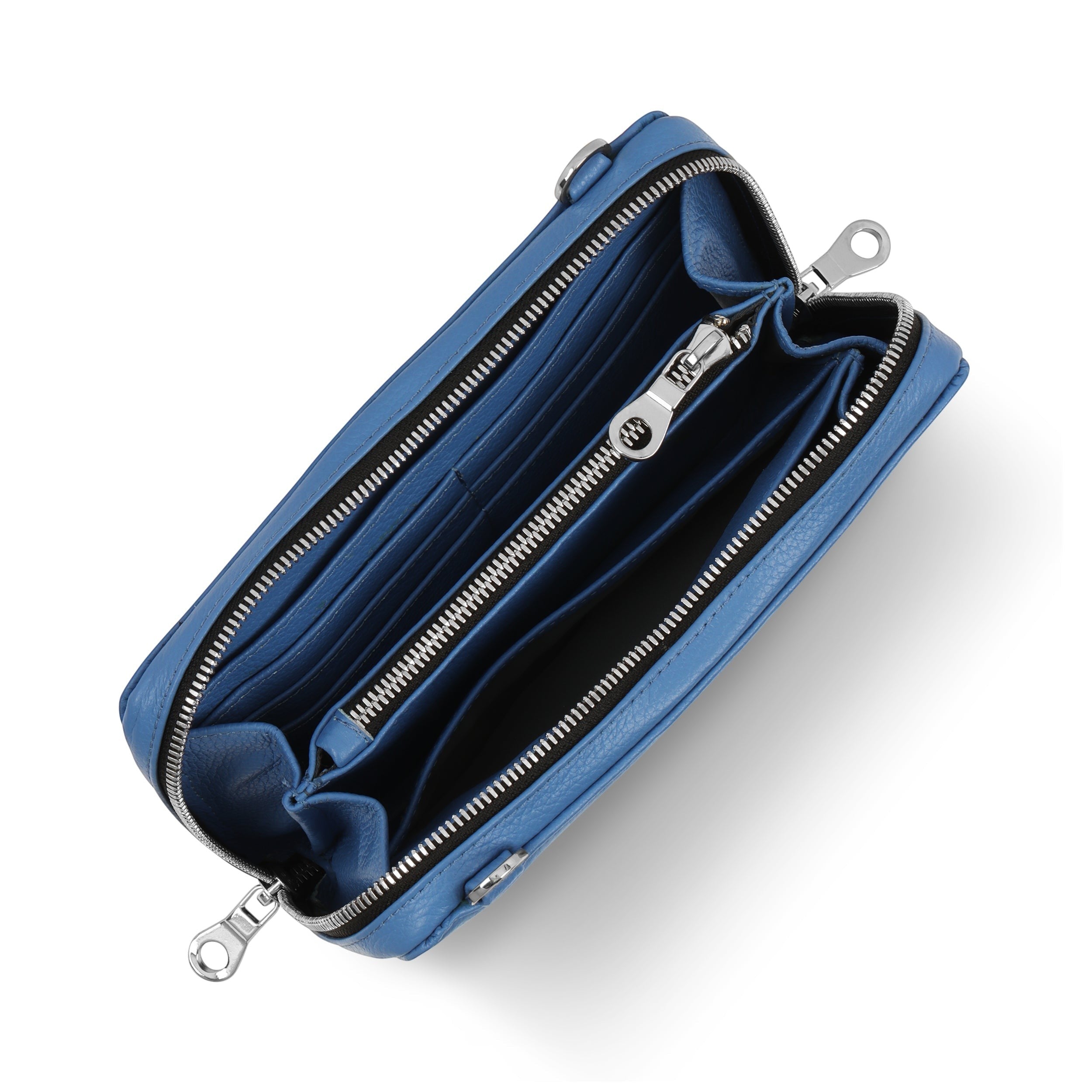 Luis Steven blue pebble leather continental smartphone wallet with interior card slots and zip compartment