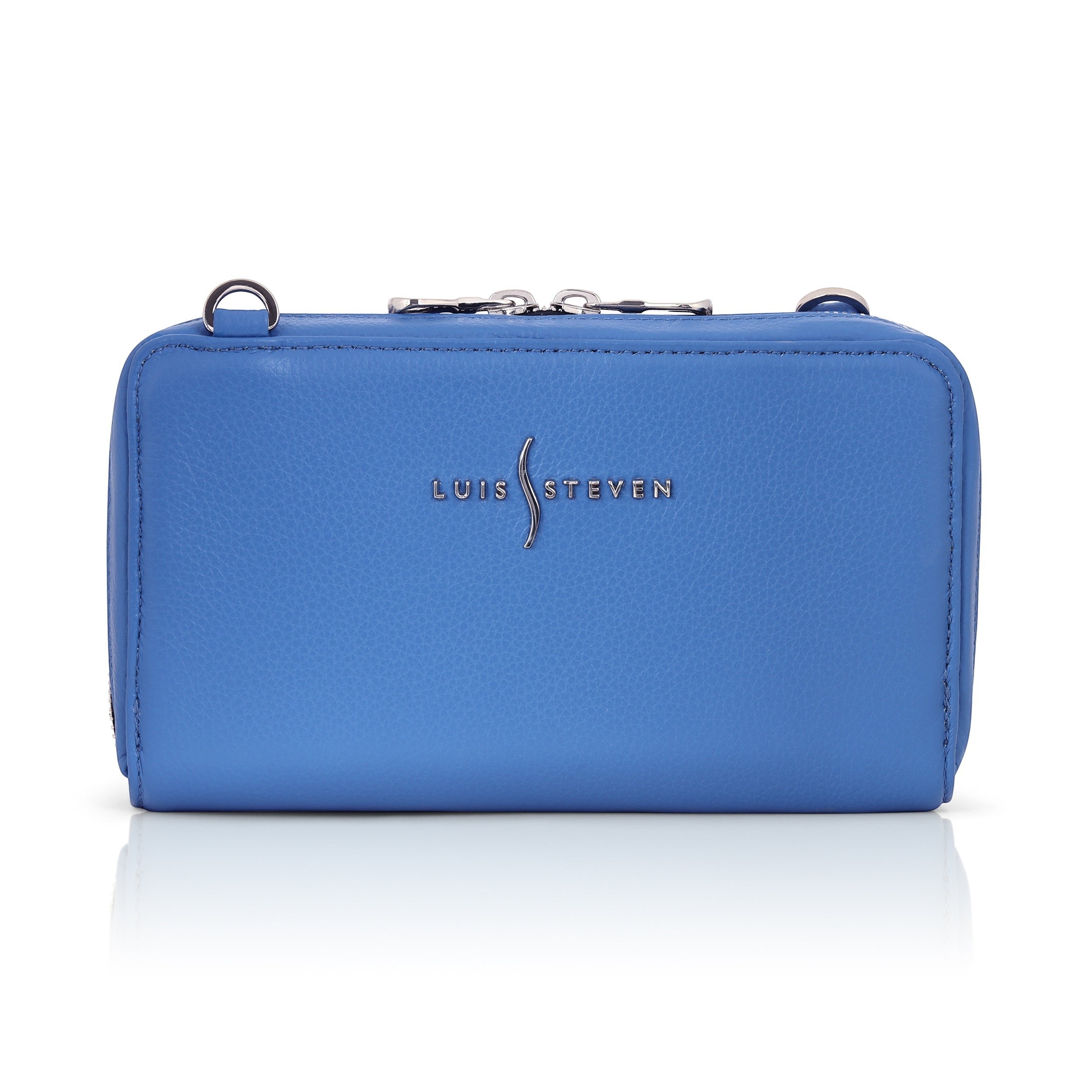 Luis Steven blue pebble leather smartphone wallet with silver logo hardware and zip closure