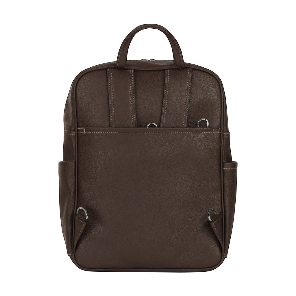 Luis Steven brown pebble leather backpack back view with adjustable straps and side pockets