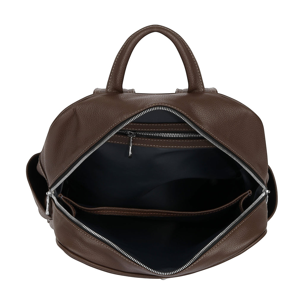 Luis Steven brown Italian pebble leather backpack interior view showing laptop pocket and zippered compartments