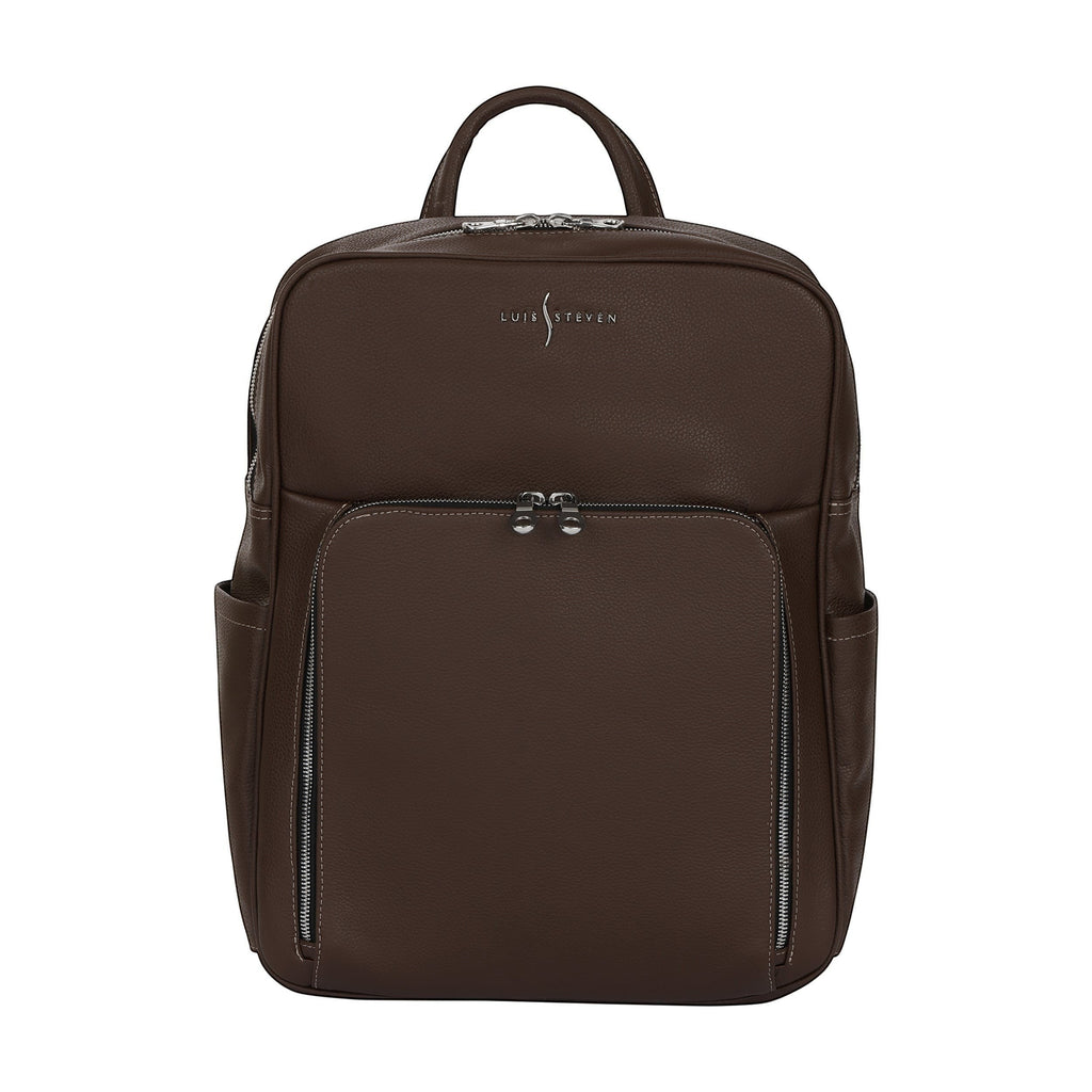Luis Steven brown Italian pebble leather professional backpack with front zippered organizer and silver hardware