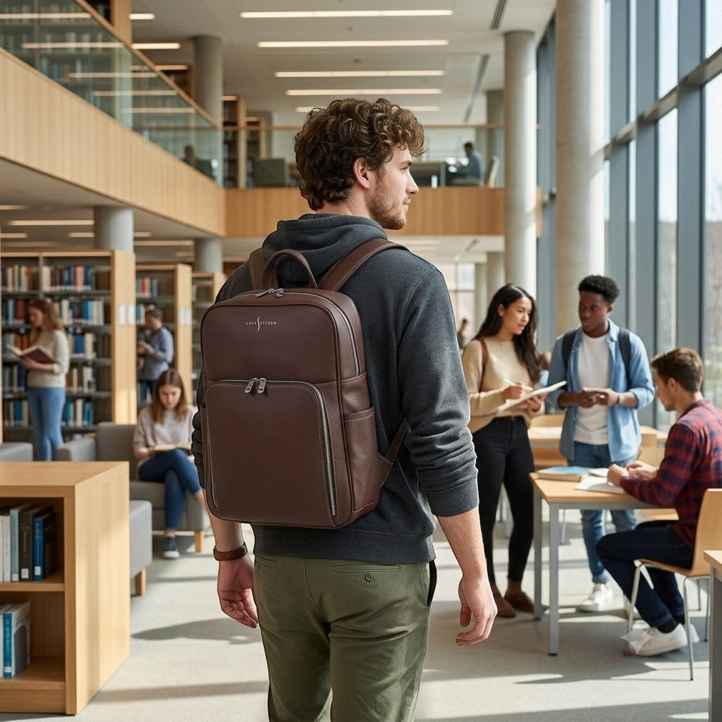 A man wearing a brown Luis Steven Italian pebble leather professional backpack in a modern library setting.