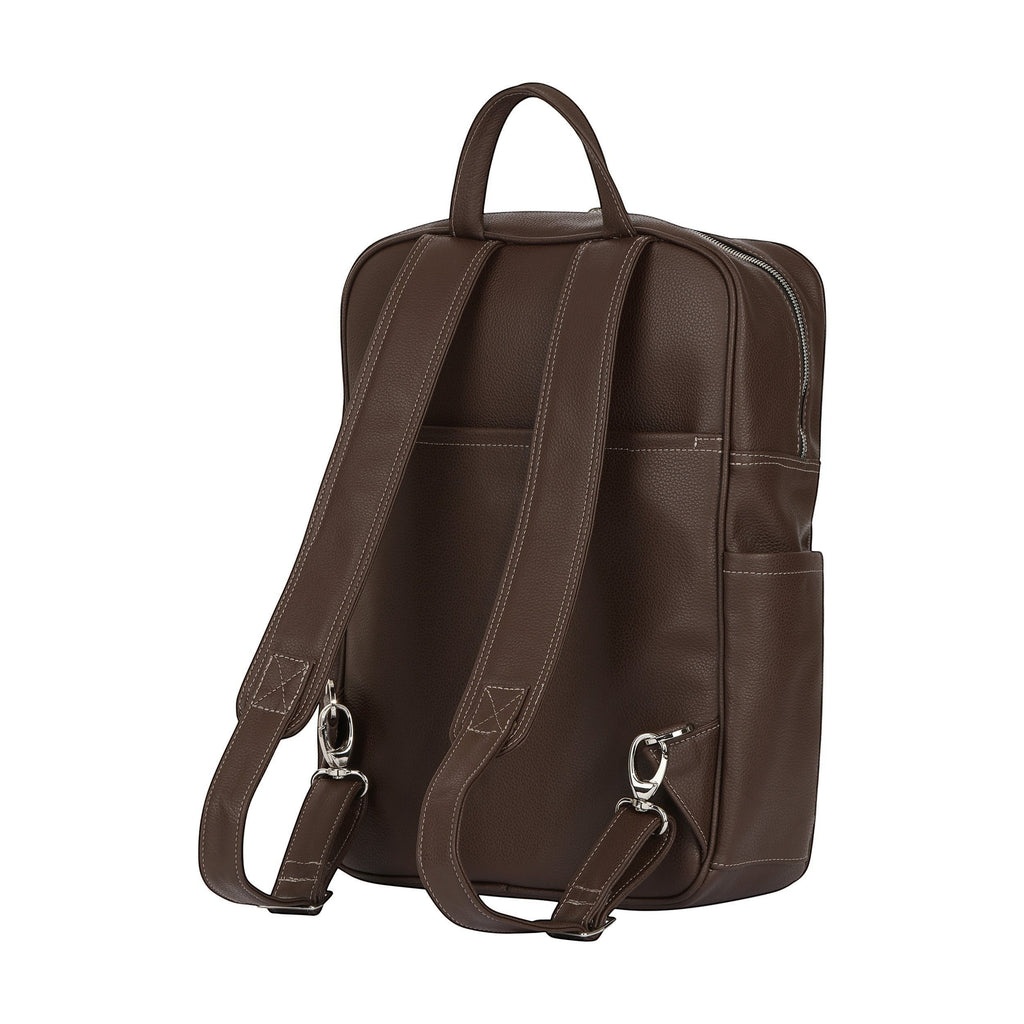 Luis Steven brown Italian pebble leather backpack with adjustable straps and top handle, back view.
