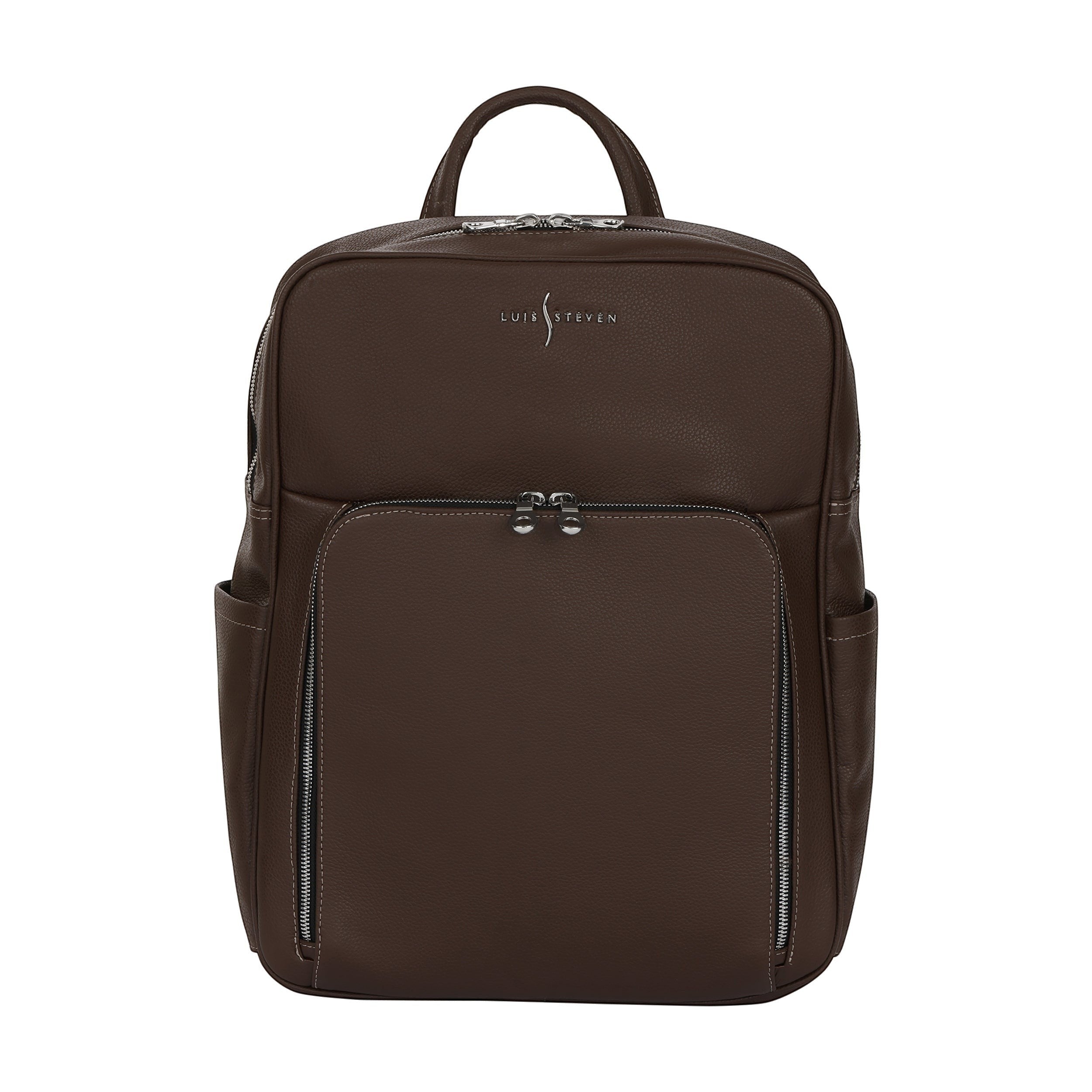 Luis Steven brown Italian pebble leather professional backpack with front zippered organizer and silver hardware