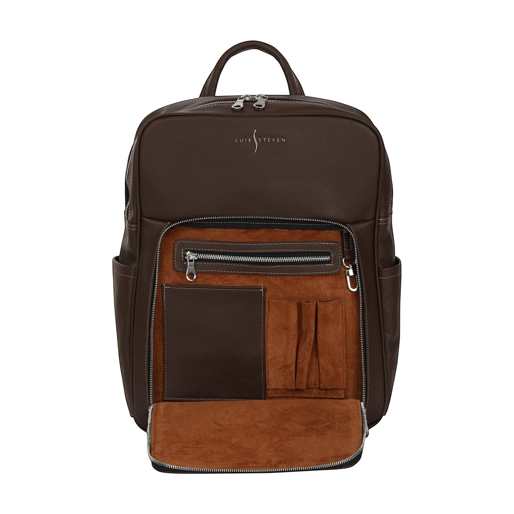 Luis Steven brown Italian pebble leather professional backpack with front zippered organizer pocket open