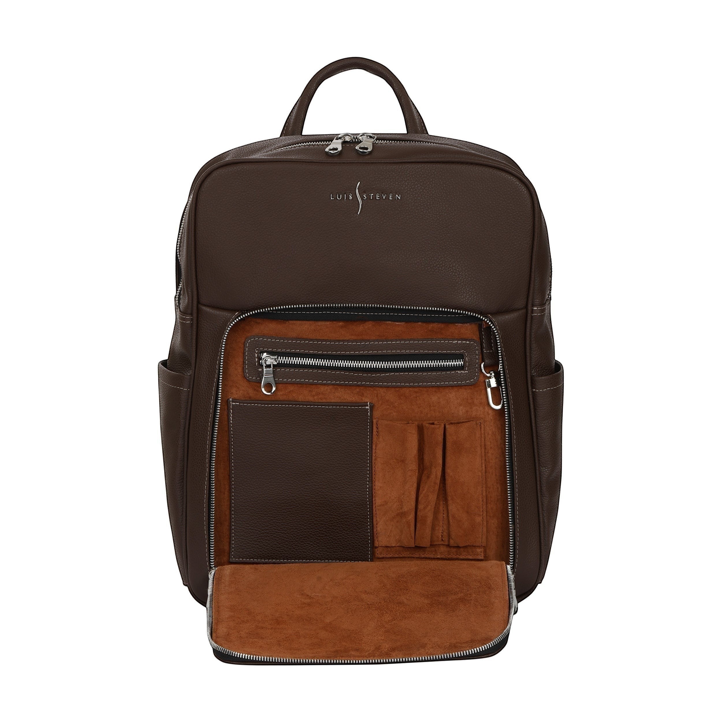Luis Steven brown Italian pebble leather professional backpack with front zippered organizer pocket open