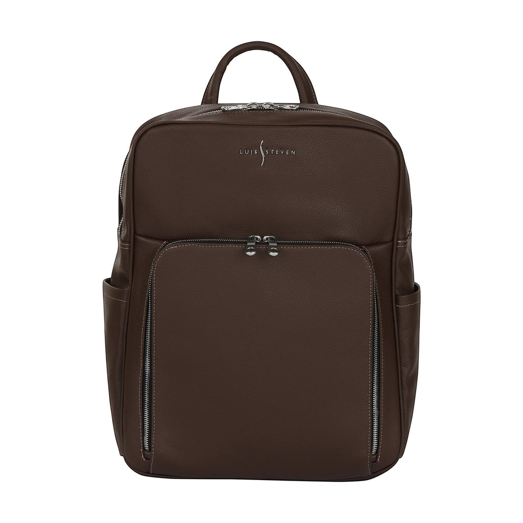 Luis Steven brown Italian pebble leather professional backpack with front zippered organizer and silver hardware