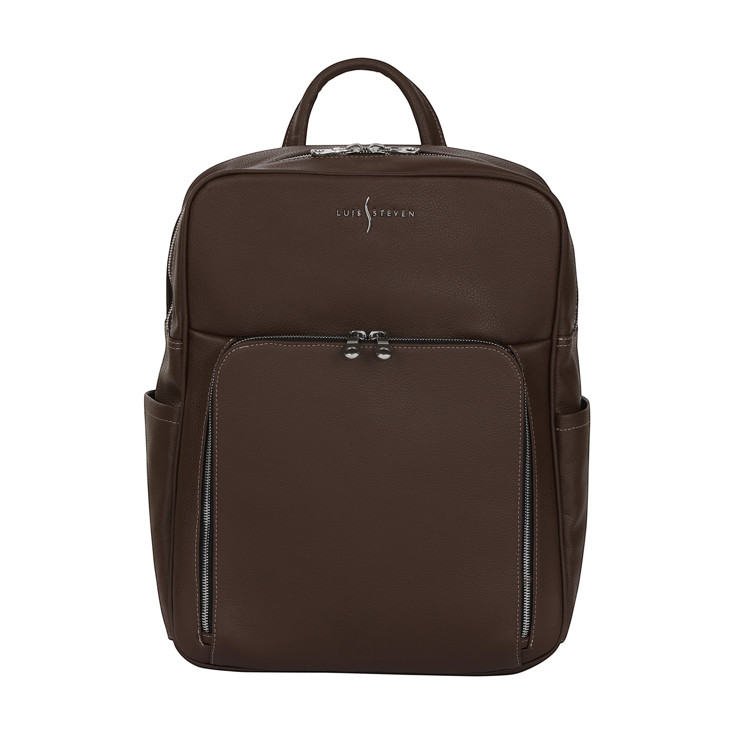 Luis Steven brown Italian pebble leather professional backpack with front zippered organizer and silver hardware