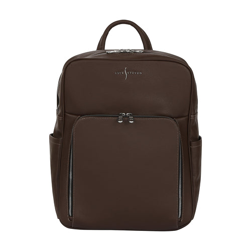 Luis Steven brown Italian pebble leather professional backpack with front zippered organizer and silver hardware