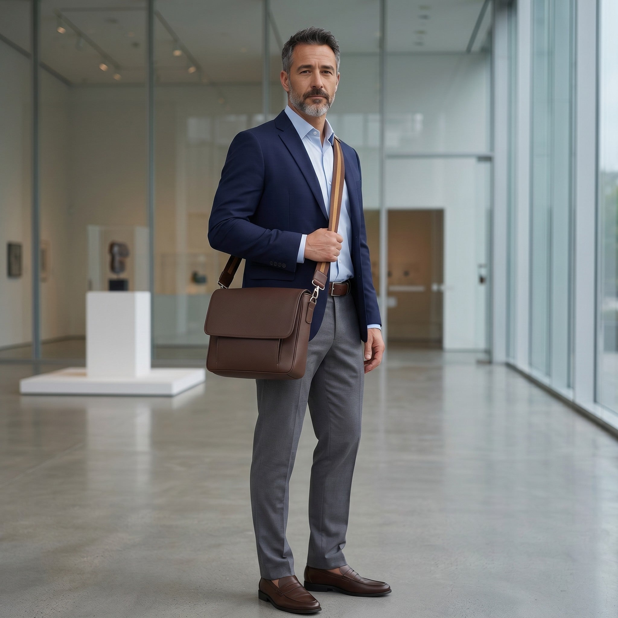 Luis Steven brown textured leather slim messenger bag with adjustable striped strap worn by a man in a suit