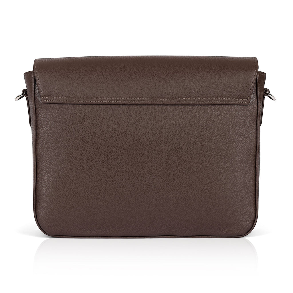 Luis Steven brown pebble leather slim messenger bag with nickel hardware and magnetic flap closure.