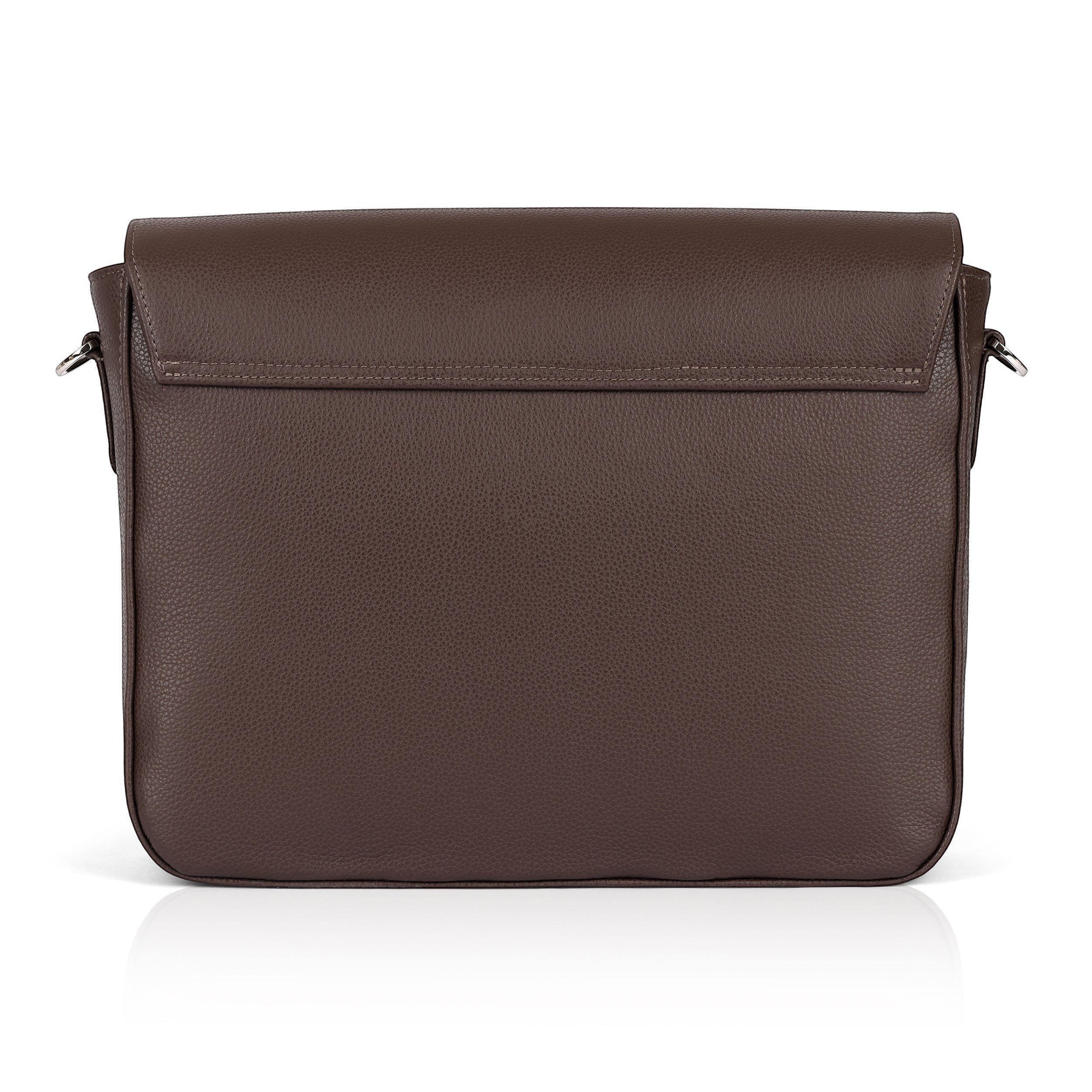 Luis Steven brown pebble leather slim messenger bag with nickel hardware and magnetic flap closure.