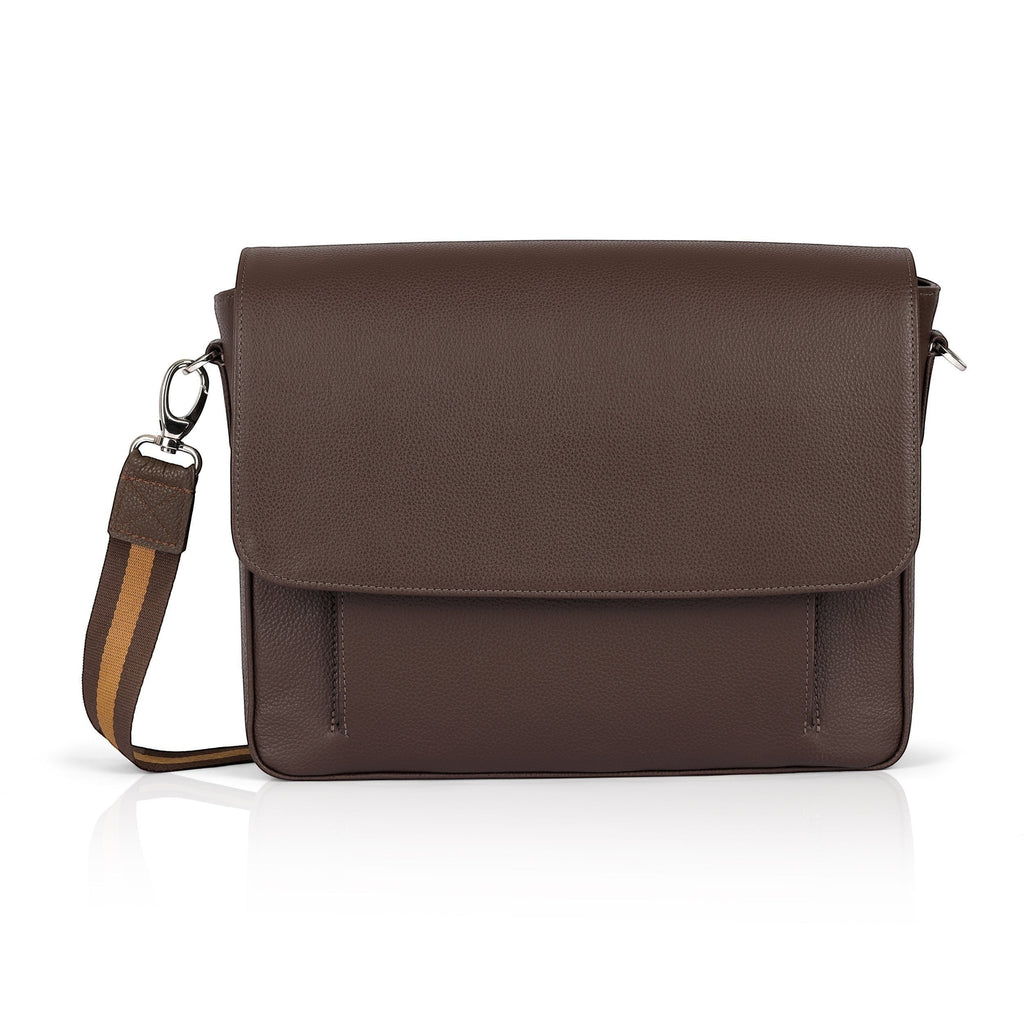 Luis Steven brown pebble leather slim messenger bag with adjustable strap and magnetic closure, fits 13" laptop.