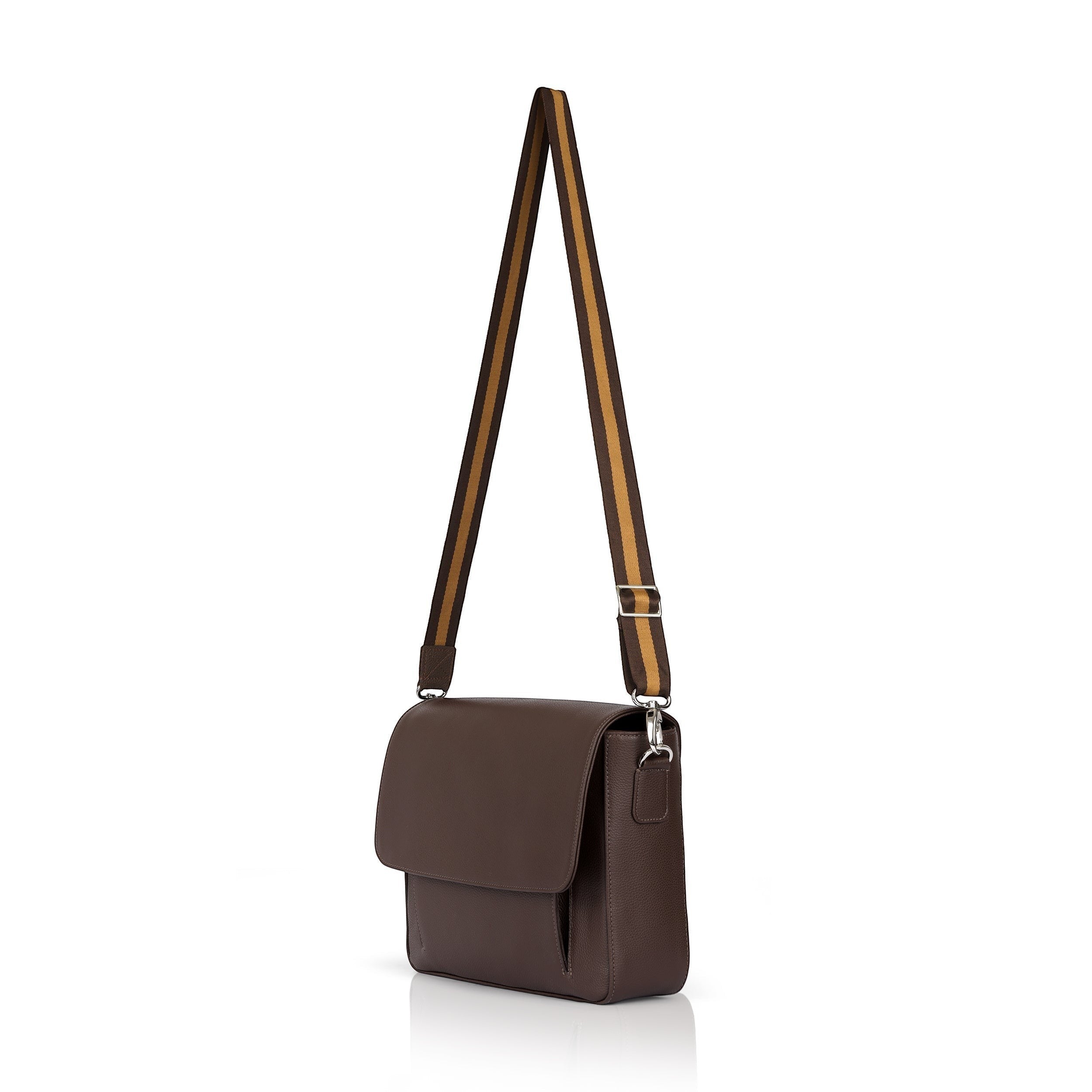 Luis Steven brown pebble leather slim messenger bag with adjustable striped strap and nickel hardware.