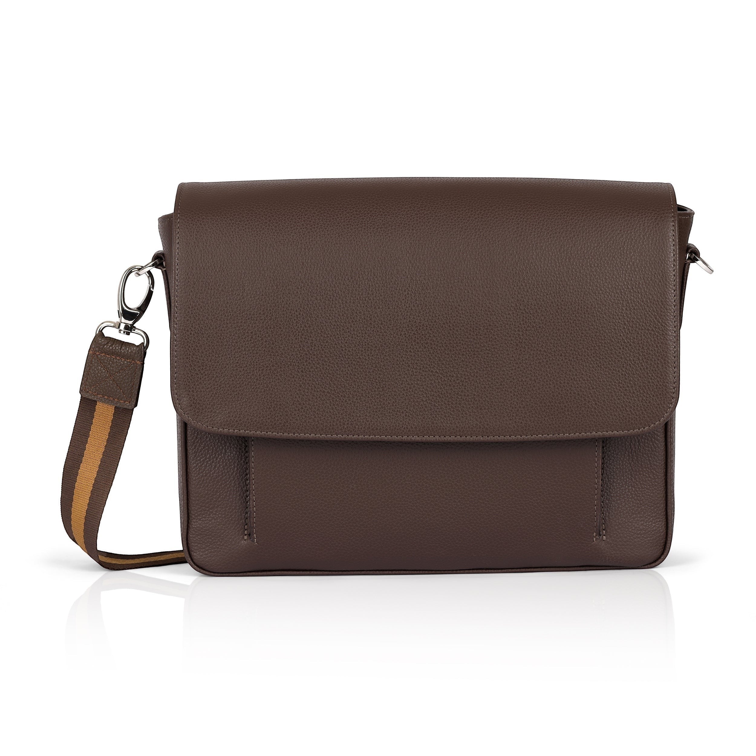 Luis Steven brown pebble leather slim messenger bag with adjustable strap and magnetic closure, fits 13" laptop.