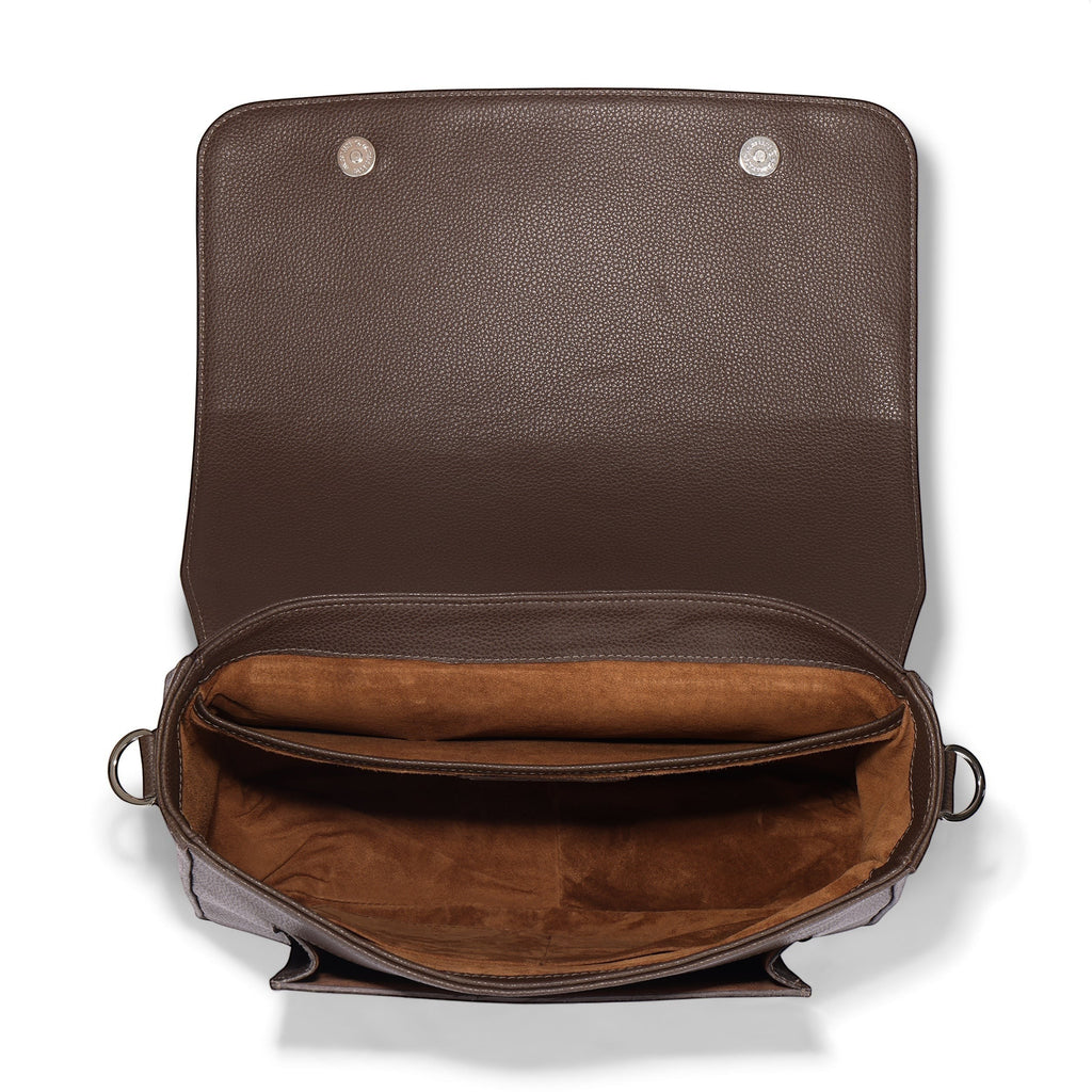 Luis Steven brown pebble leather slim messenger bag with suede lining, nickel hardware, and magnetic flap closure.