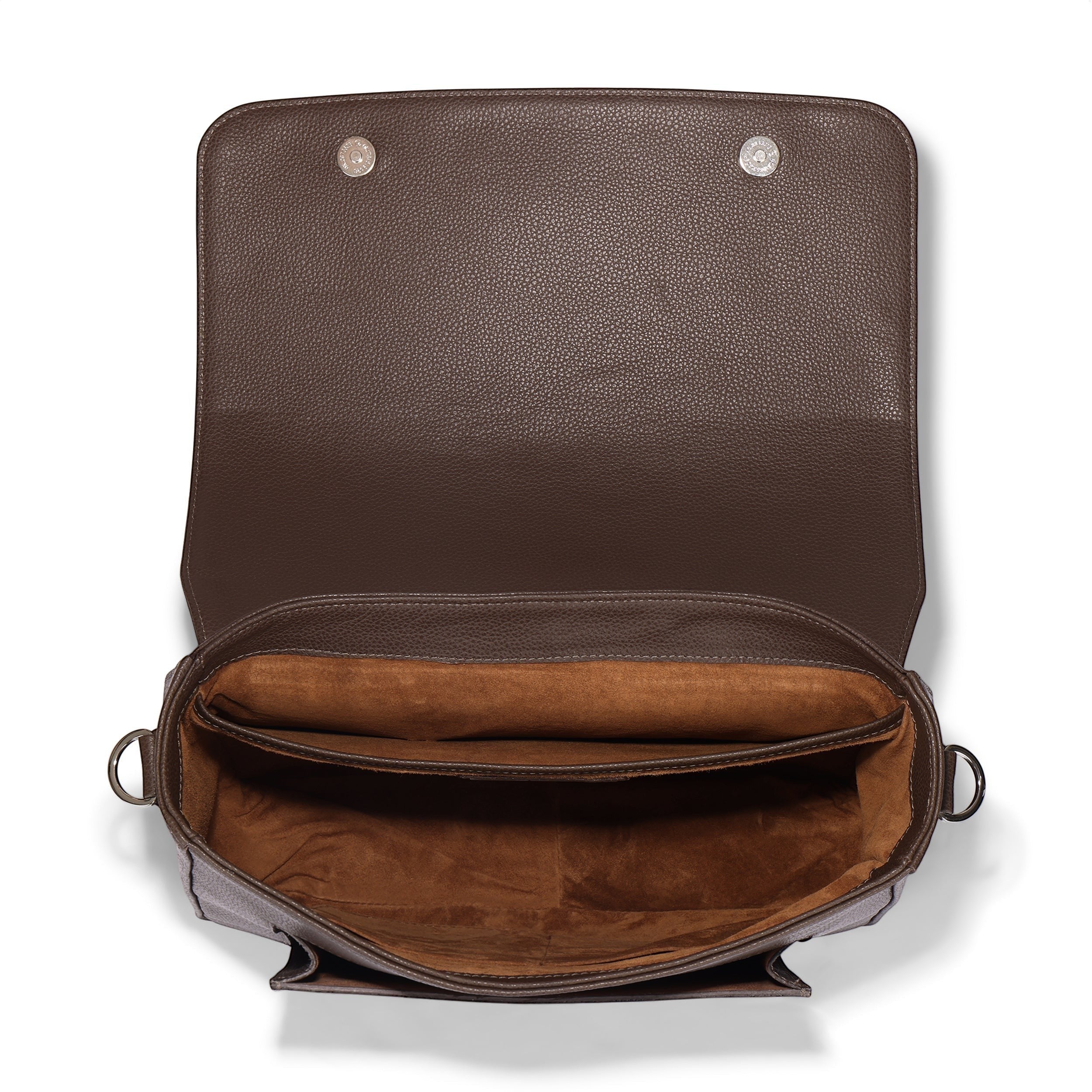Luis Steven brown pebble leather slim messenger bag with suede lining, nickel hardware, and magnetic flap closure.