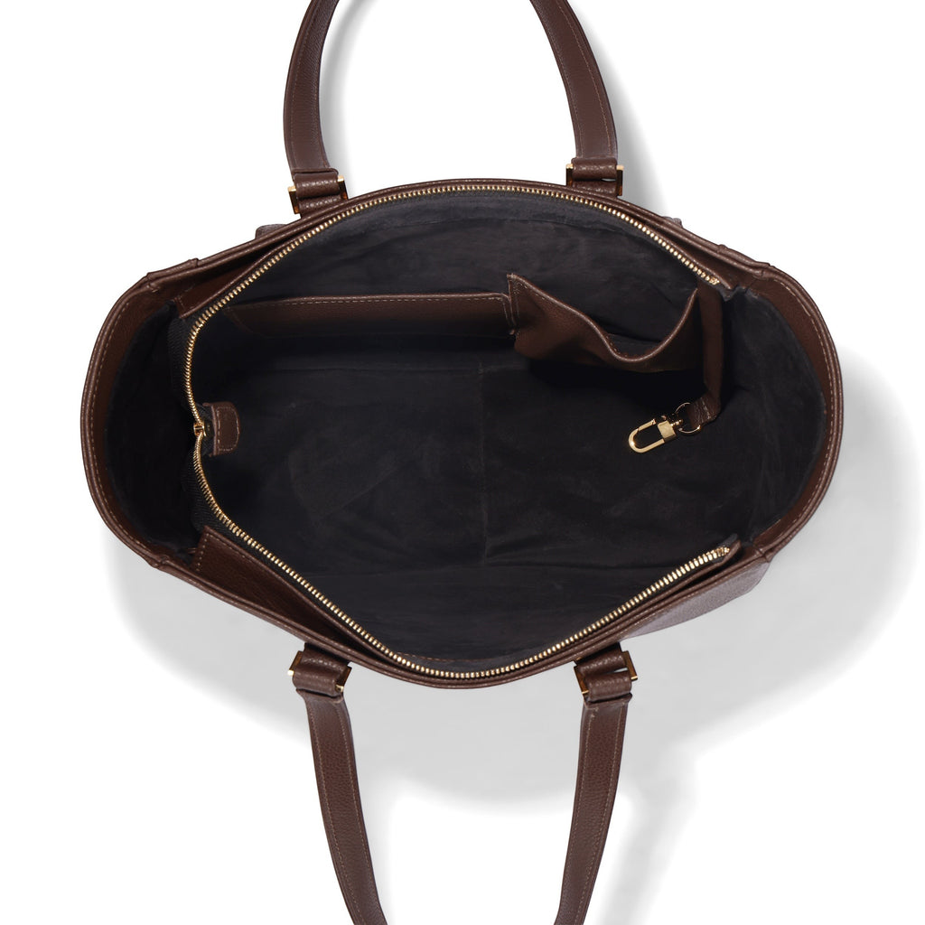 Luis Steven Classic Tote in brown pebble leather with gold hardware, featuring an open top, interior zip and open pockets, and a key clip.