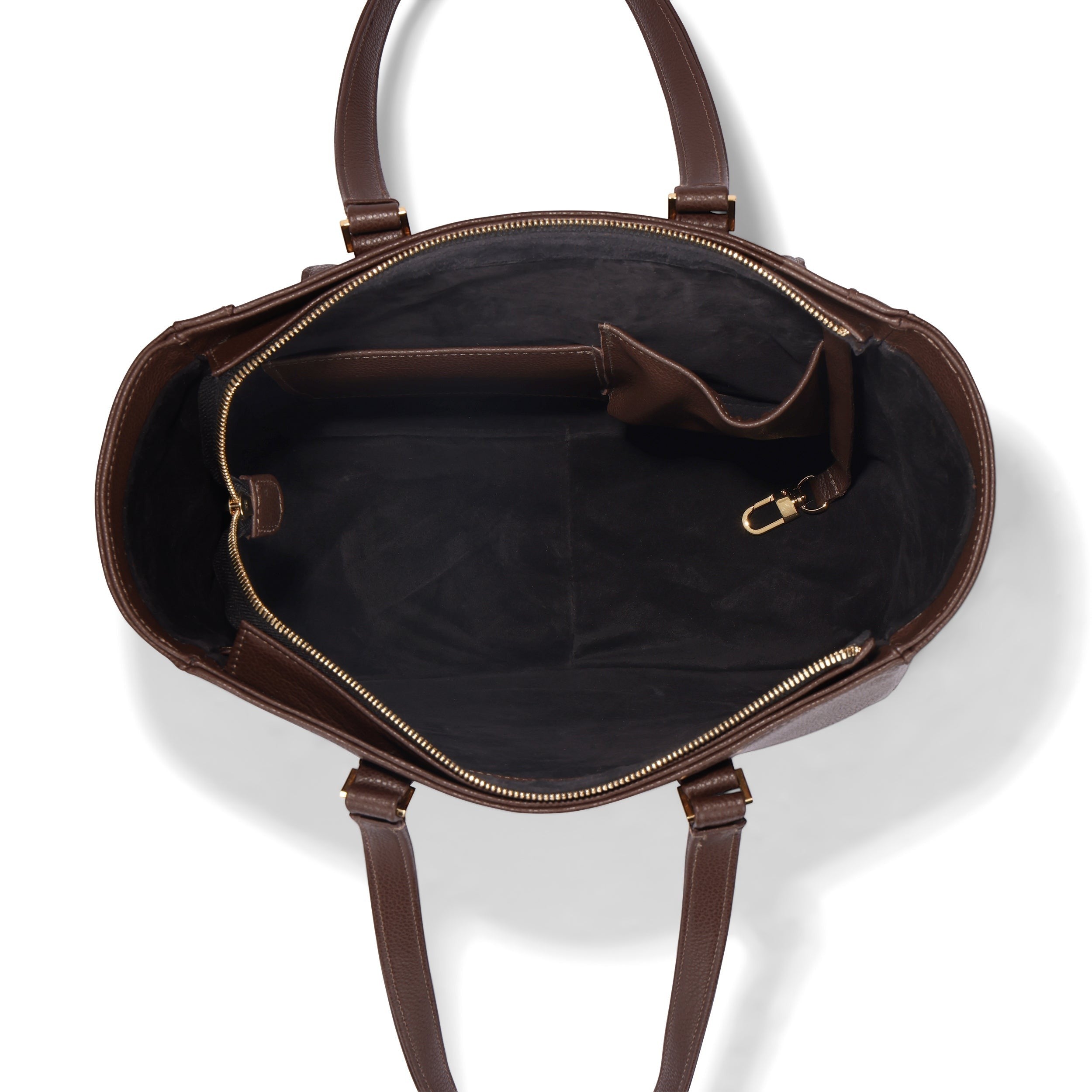 Luis Steven Classic Tote in brown pebble leather with gold hardware, featuring an open top, interior zip and open pockets, and a key clip.