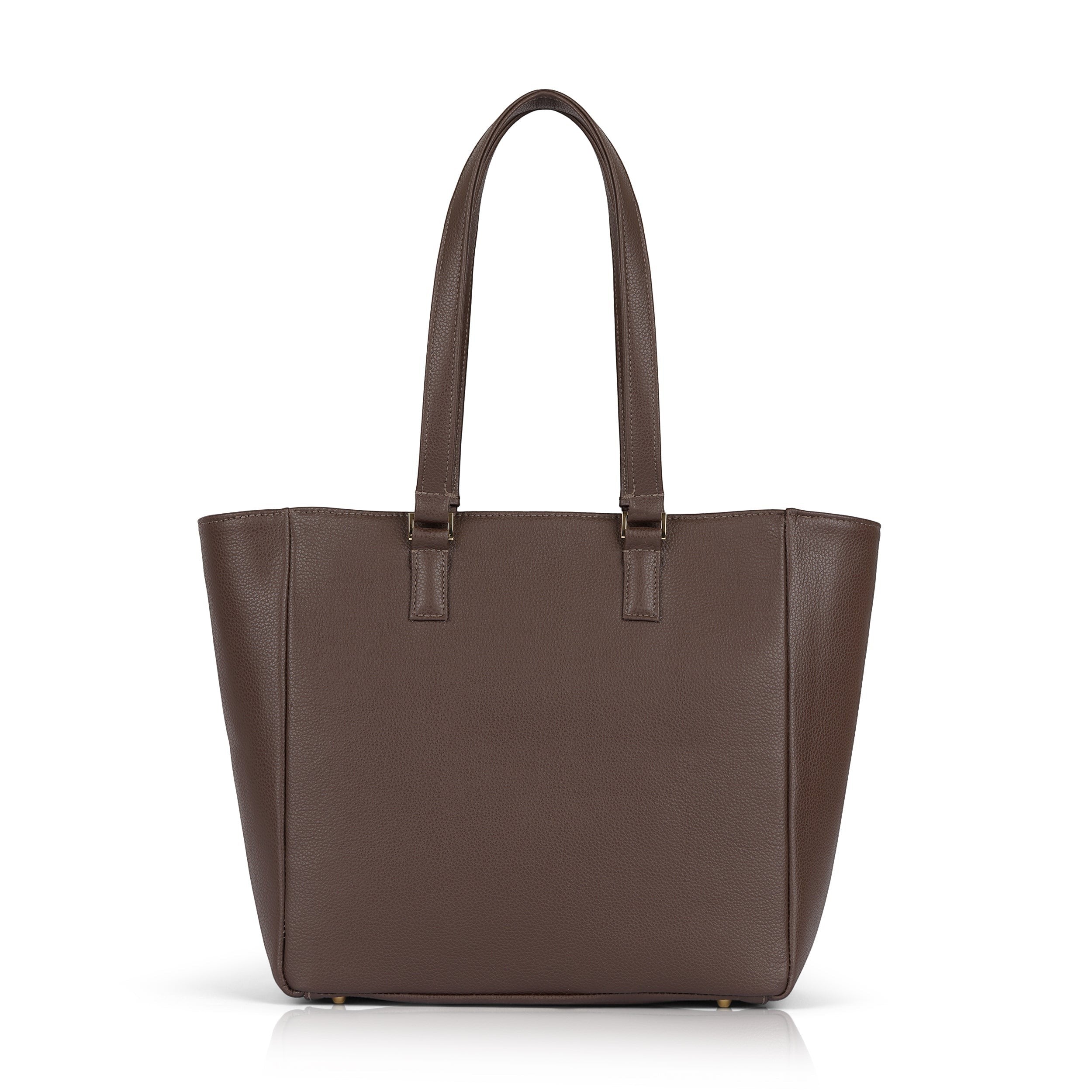 Luis Steven Classic Tote in brown pebble leather with a front pocket and gold hardware. This versatile shoulder bag is perfect for work or daily use.